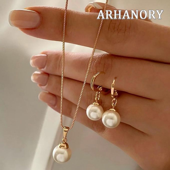 ARHANORY Women Jewelry Set Elegant Pearl Necklace and Earrings (Imitation Pearl)