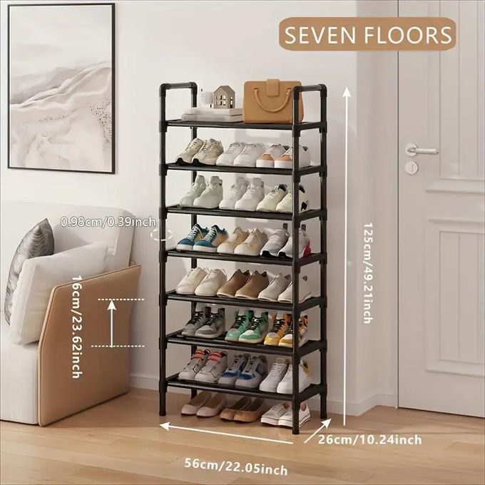 TIMBUTUS 7-Layer Steel Pipe Shoe Rack 56x25.5x125cm - Space-Saving Organiser for Home Entryway, Durable Black Metal Frame, Large Capacity Storage for Shoes, Boots, and Slippers, Easy Assembly, Sturdy