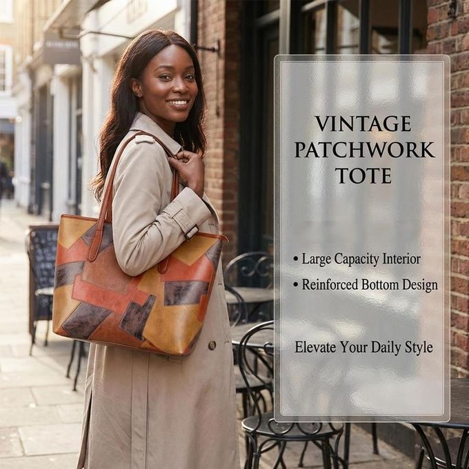 STY Ladies Large-capacity Handbag Women Geometric Color-blocked Bag PU Synthetic Leather Bag