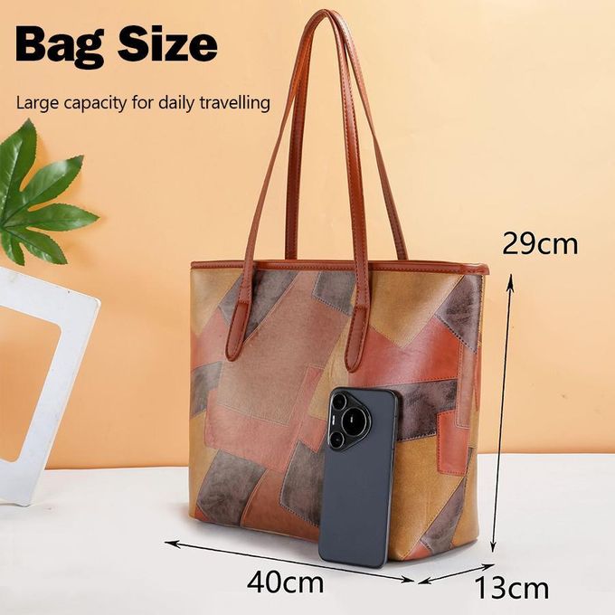 STY Ladies Large-capacity Handbag Women Geometric Color-blocked Bag PU Synthetic Leather Bag