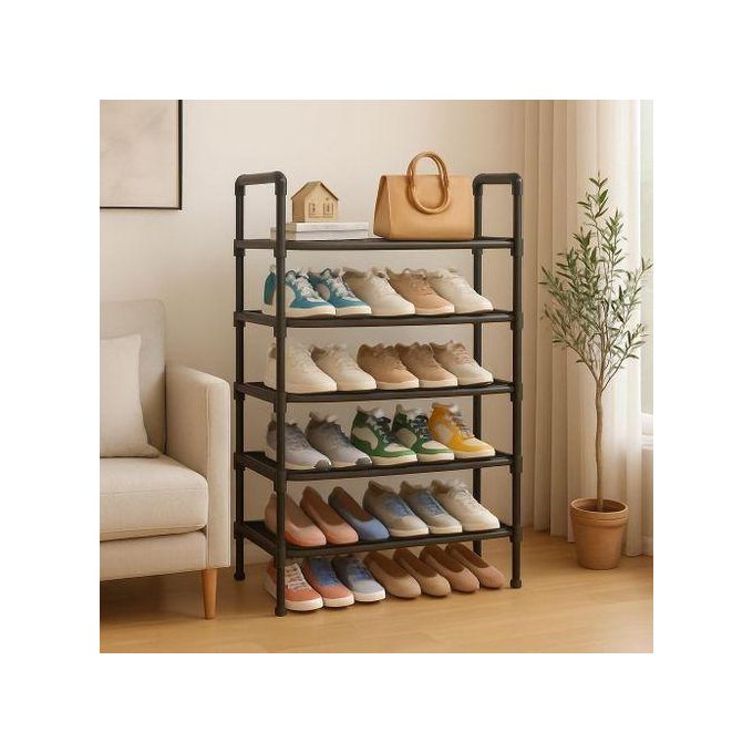 TIMBUTUS 5-Layer Steel Pipe Shoe Rack 56x25.5x90cm - Sturdy Space-Saving Shoe Organizer for Home Entryway, Hallway, Bedroom, Durable Black Metal Frame, Easy Assembly, Fits Up to 15 Pairs of Shoes