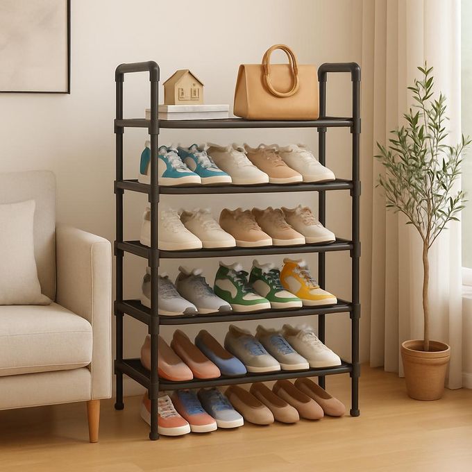 TIMBUTUS 5-Layer Steel Pipe Shoe Rack 56x25.5x90cm - Sturdy Space-Saving Shoe Organizer for Home Entryway, Hallway, Bedroom, Durable Black Metal Frame, Easy Assembly, Fits Up to 15 Pairs of Shoes