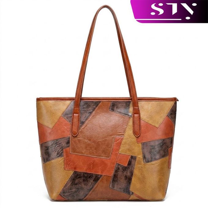STY Ladies Large-capacity Handbag Women Geometric Color-blocked Bag PU Synthetic Leather Bag