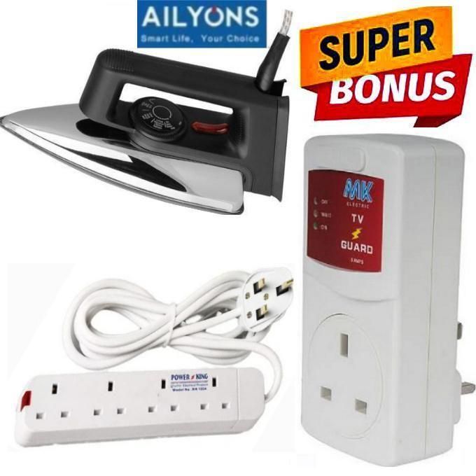 AILYONS BEST Heavy-Duty 1000W Electric Power Dry Iron Box With Non-Stick Titanium Teflon Soleplate + GIFTS 4 WAY EXTENSION POWER SOCKET & SMART TV GUARD SURGE POWER PROTECTOR