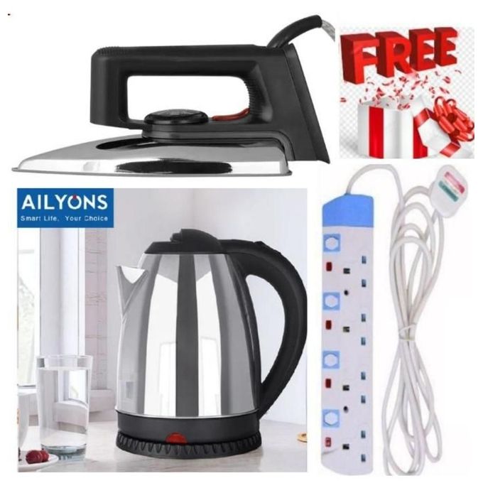 AILYONS 1000W Dry Iron Box Non-stick Soleplate + Electric Kettle 1500W with Stainless Steel Design & 4-Way Power Extension Socket