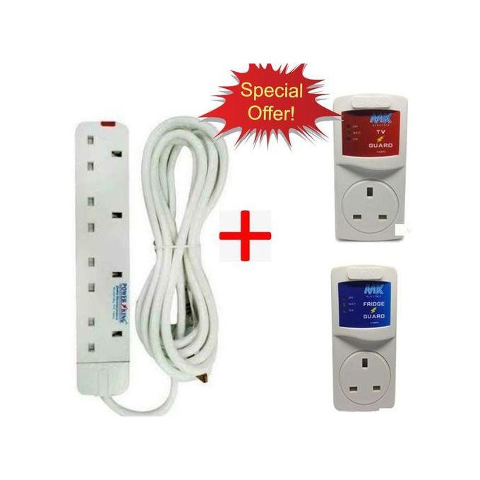 Power King HOME 4 WAY POWER EXTENSION WITH LONG CABLE//PLUS FREE 6TV Guard + FRIDGE Guard