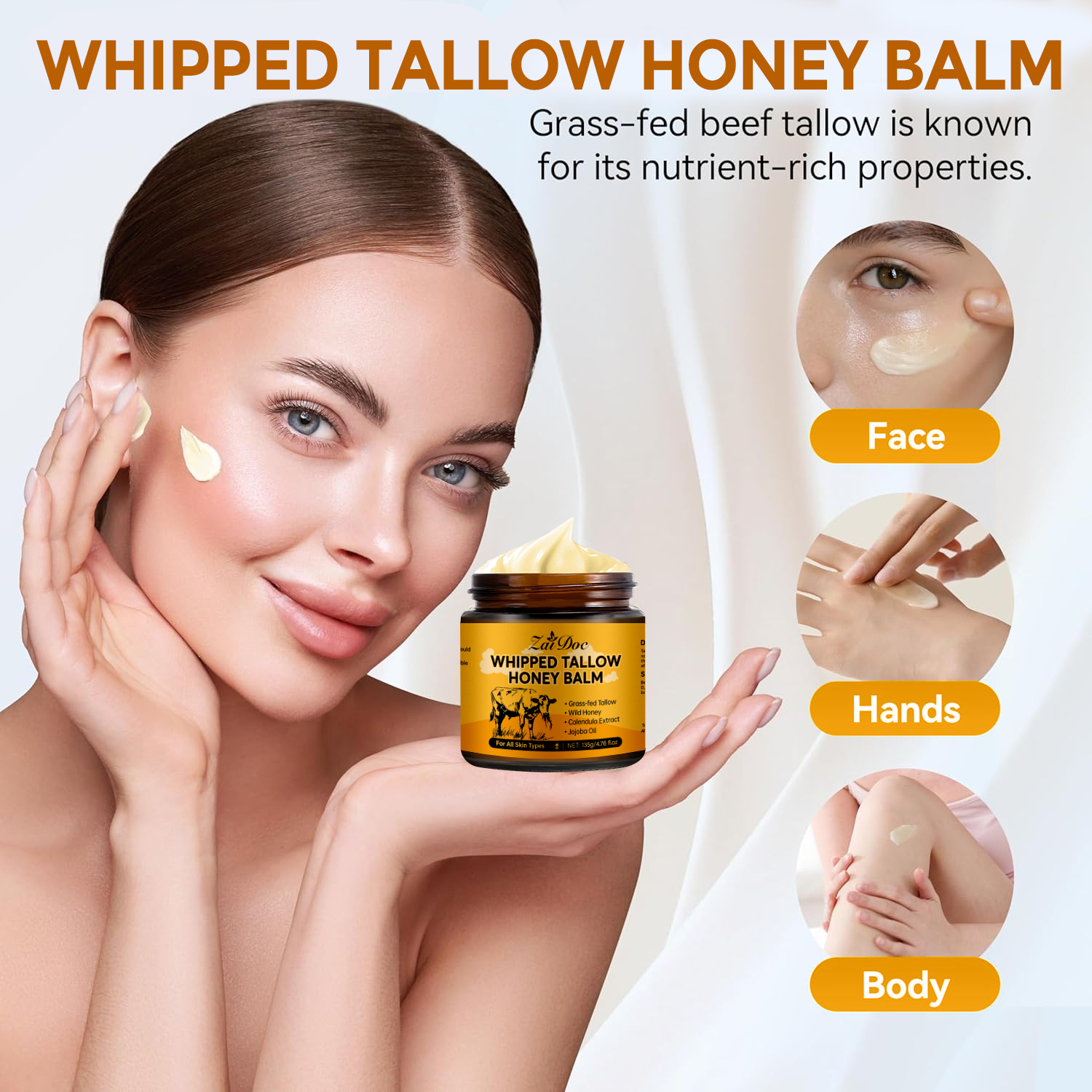 ZaiDoc Natural Whipped Tallow & Honey Balm - 100% Grass-Fed Beef Tallow Moisturizing Cream for Face & Body, Healing Balm for Dry Skin, Eczema & Dark Spots, 24H Deep Glow, 50g & 135g Jumbo
