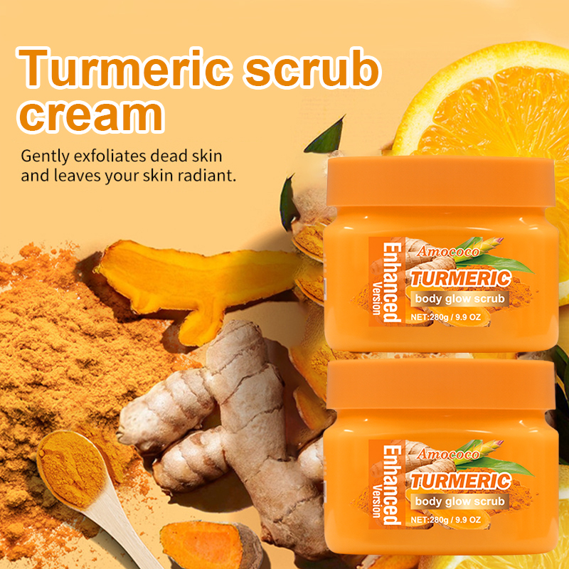 Amococo 280g Turmeric Body Glow Scrub - Deep Exfoliating & Brightening Salt Scrub for Dark Spots, Acne & Smooth Skin, Natural Skin Whitening Treatment