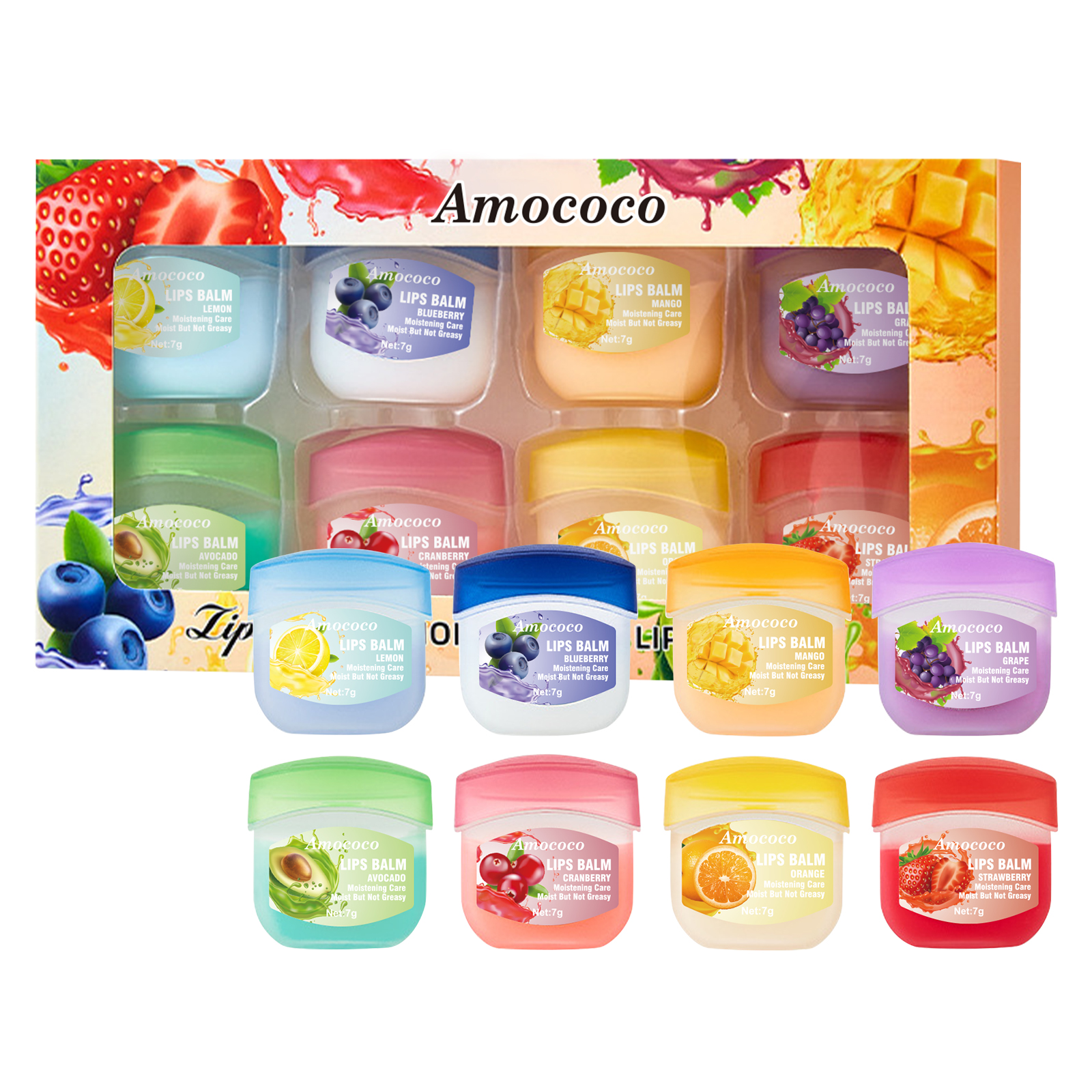 Amococo 8-Pack Lip Balm Family Set - 8 Mixed Fruit Flavors, Natural Moisturizing & Repair for Dry Cracked Lips, Best Value 8 Pcs Gift Kit for Kids & Adults