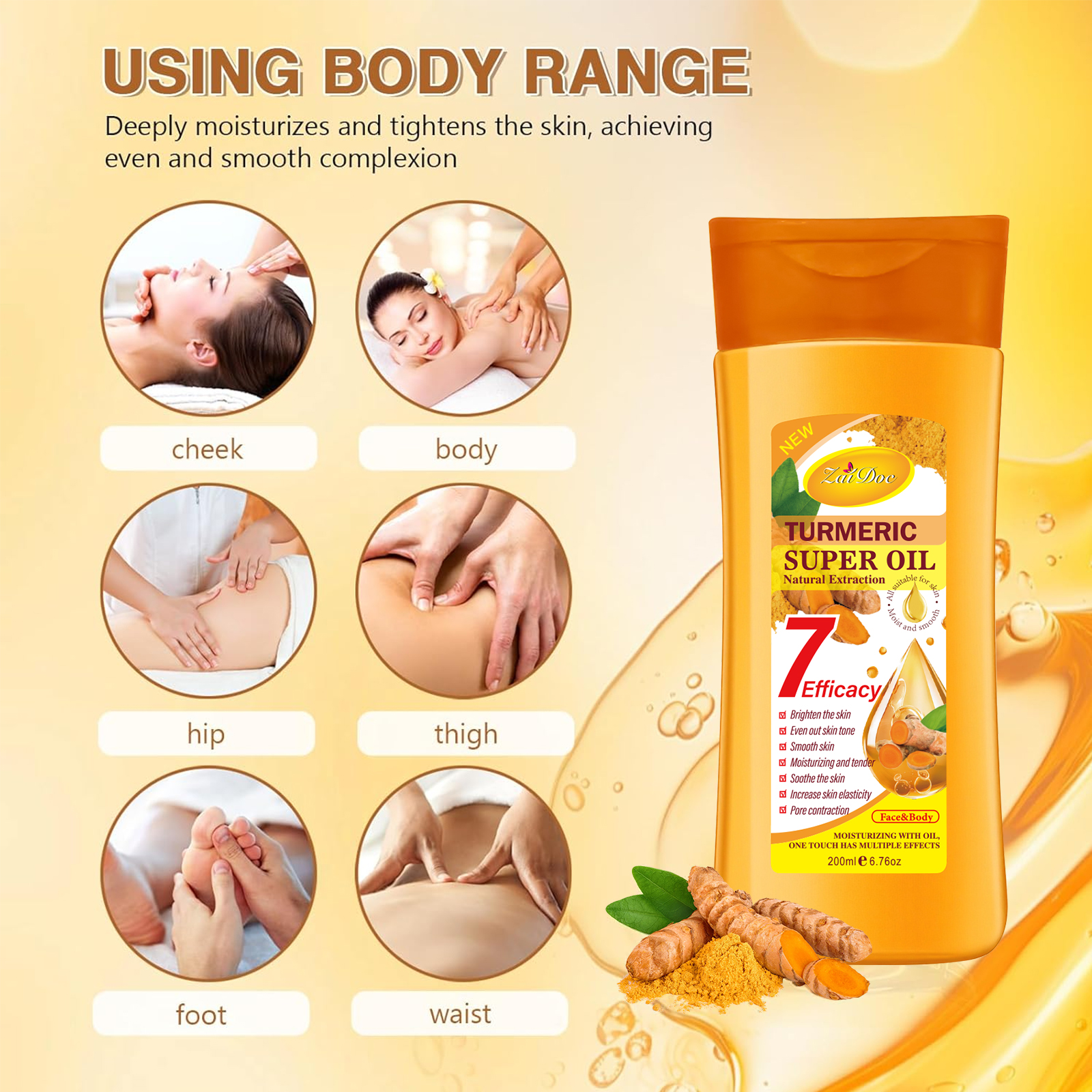 Zaidoc Super Whitening Turmeric Oil 200ml - Natural Extraction Body Glow Oil for Radiant fair skin, Anti-Aging & Skin Tightening Treatment