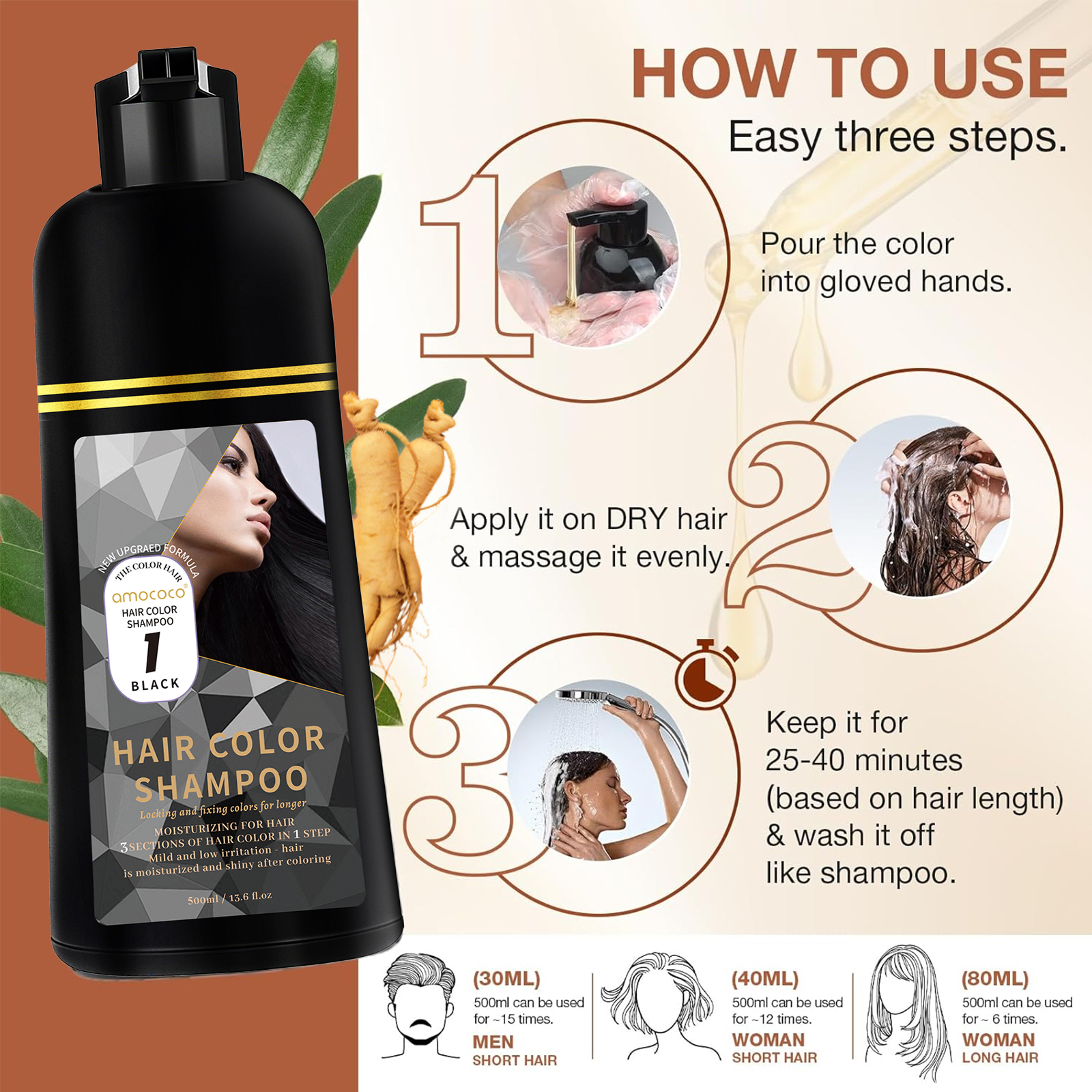 500ml 3 In 1 Quick Organic Hair Color Shampoo - Instant Hair Color for Men & Women, Natural Herbal Formula to Cover Gray Hair - Available in 4 Shades（Black, Coffee, Brown,Wine red）
