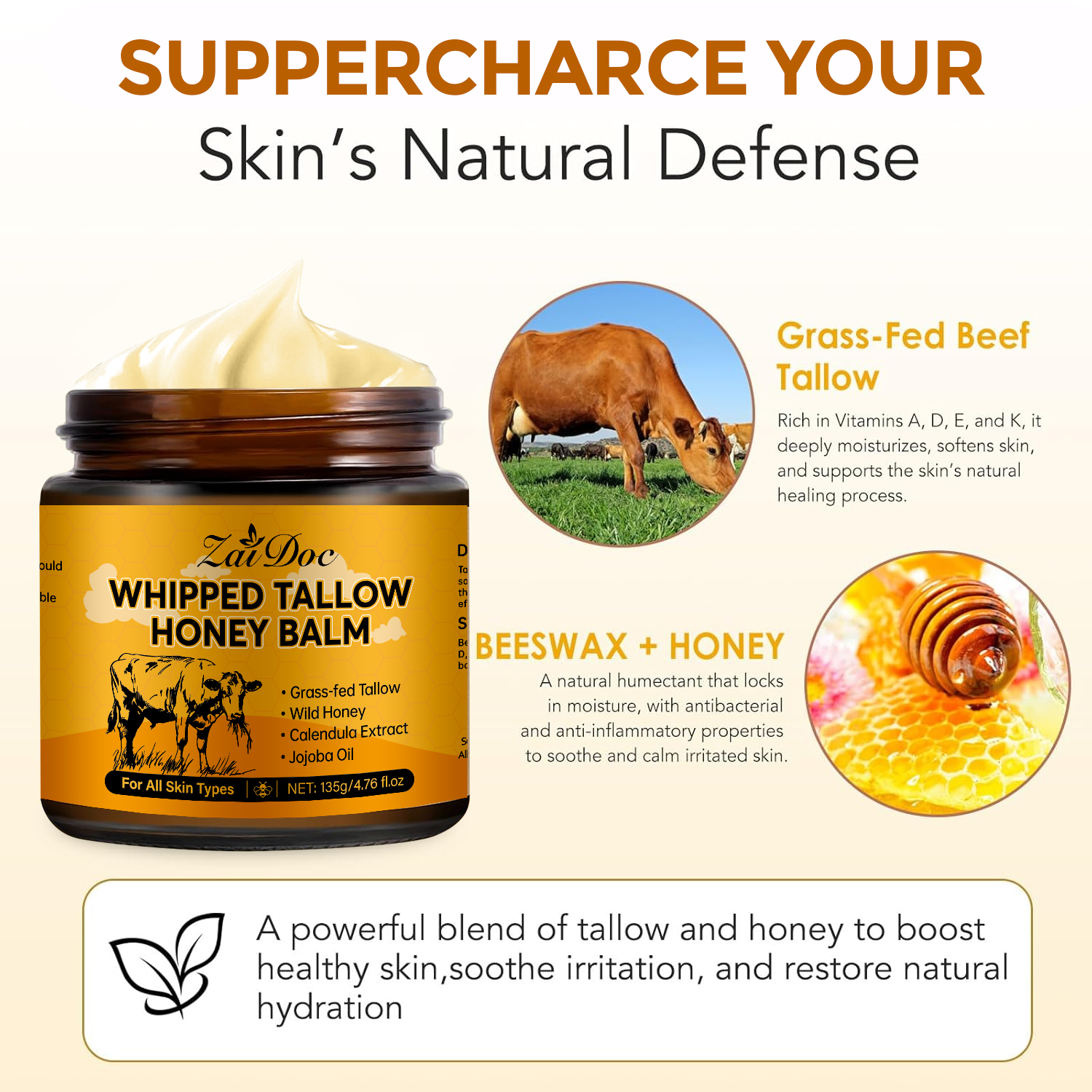 ZaiDoc Natural Whipped Tallow & Honey Balm - 100% Grass-Fed Beef Tallow Moisturizing Cream for Face & Body, Healing Balm for Dry Skin, Eczema & Dark Spots, 24H Deep Glow, 50g & 135g Jumbo