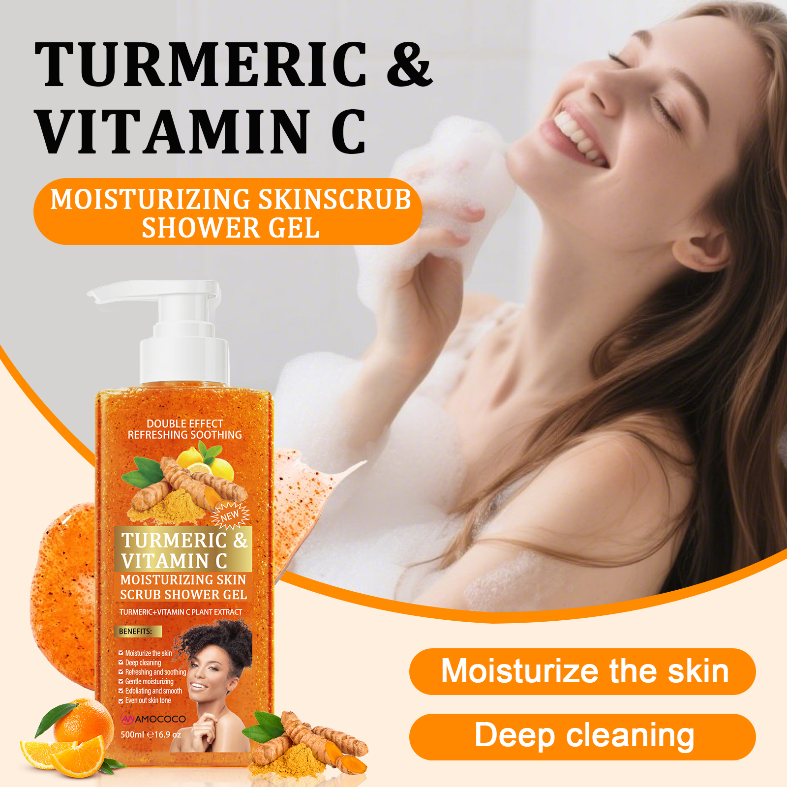 Amococo 500ml Turmeric & Vitamin C Moisturizing Skin Scrub Shower Gel - 2-in-1 Exfoliating & Deep Cleaning Body Wash for Glowing Skin