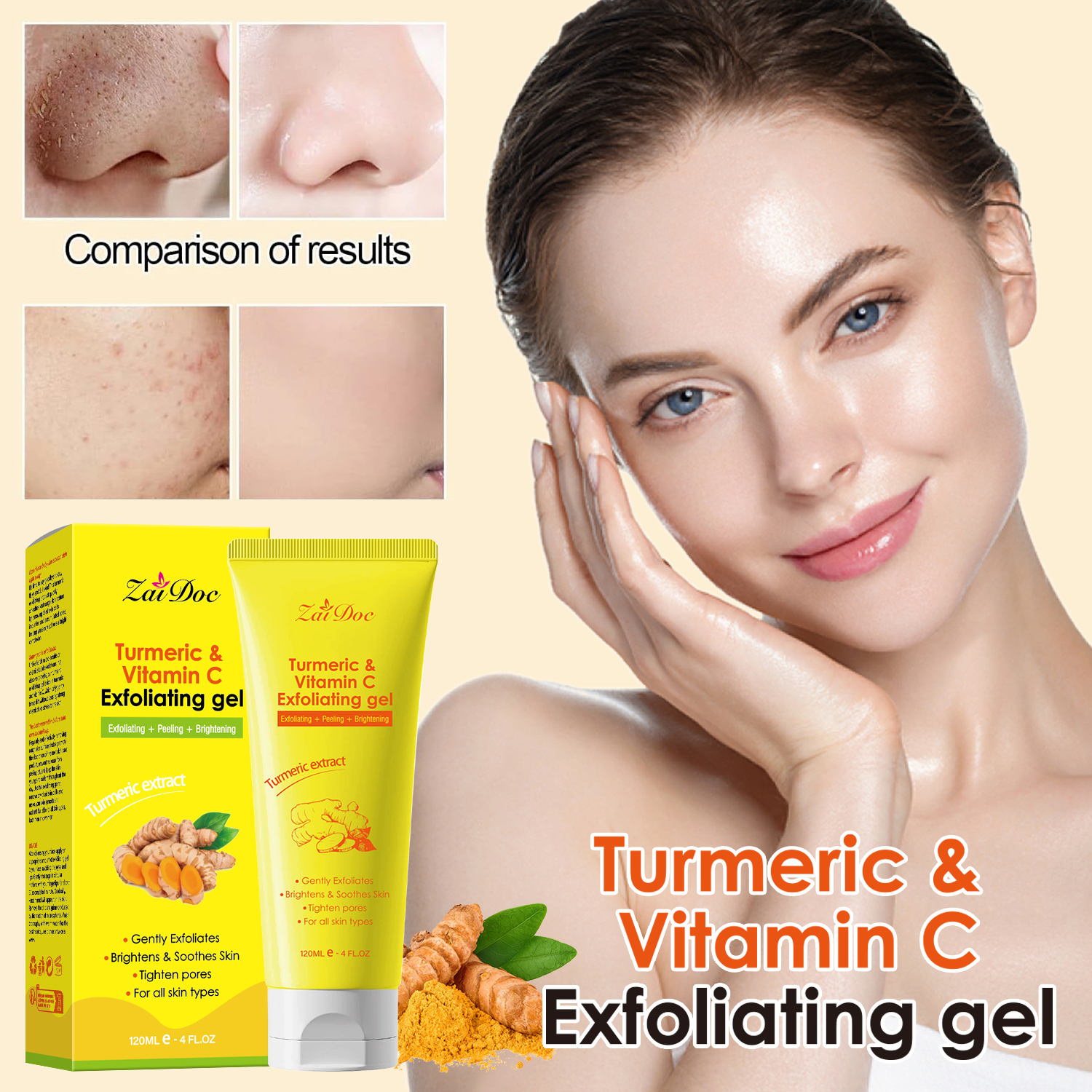Zaidoc 120ml Turmeric & Vitamin C Exfoliating Gel - Skin Brightening Peeling Gel for Deep Pore Cleaning, Dark Spot Removal & Glowing Skin