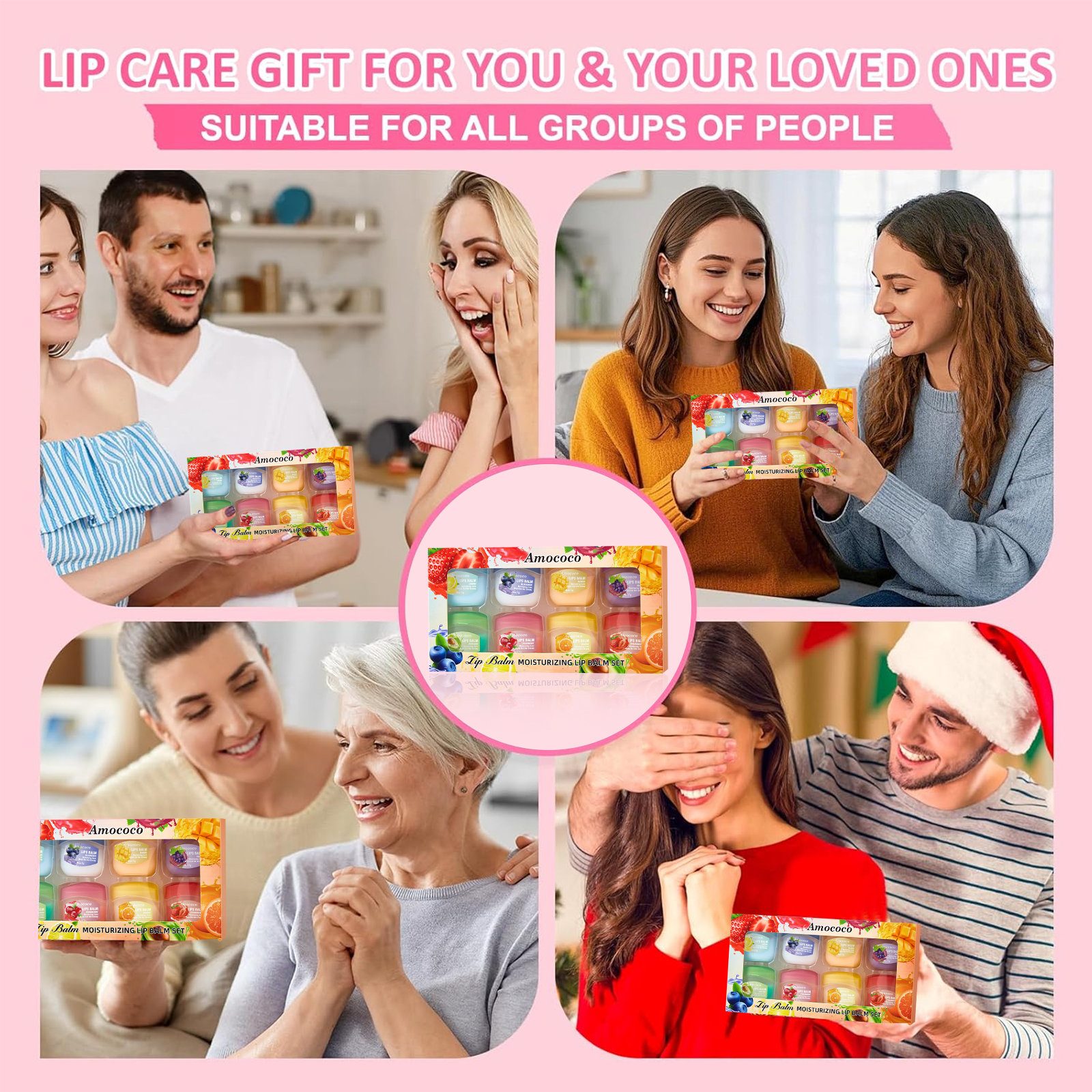Amococo 8-Pack Lip Balm Family Set - 8 Mixed Fruit Flavors, Natural Moisturizing & Repair for Dry Cracked Lips, Best Value 8 Pcs Gift Kit for Kids & Adults