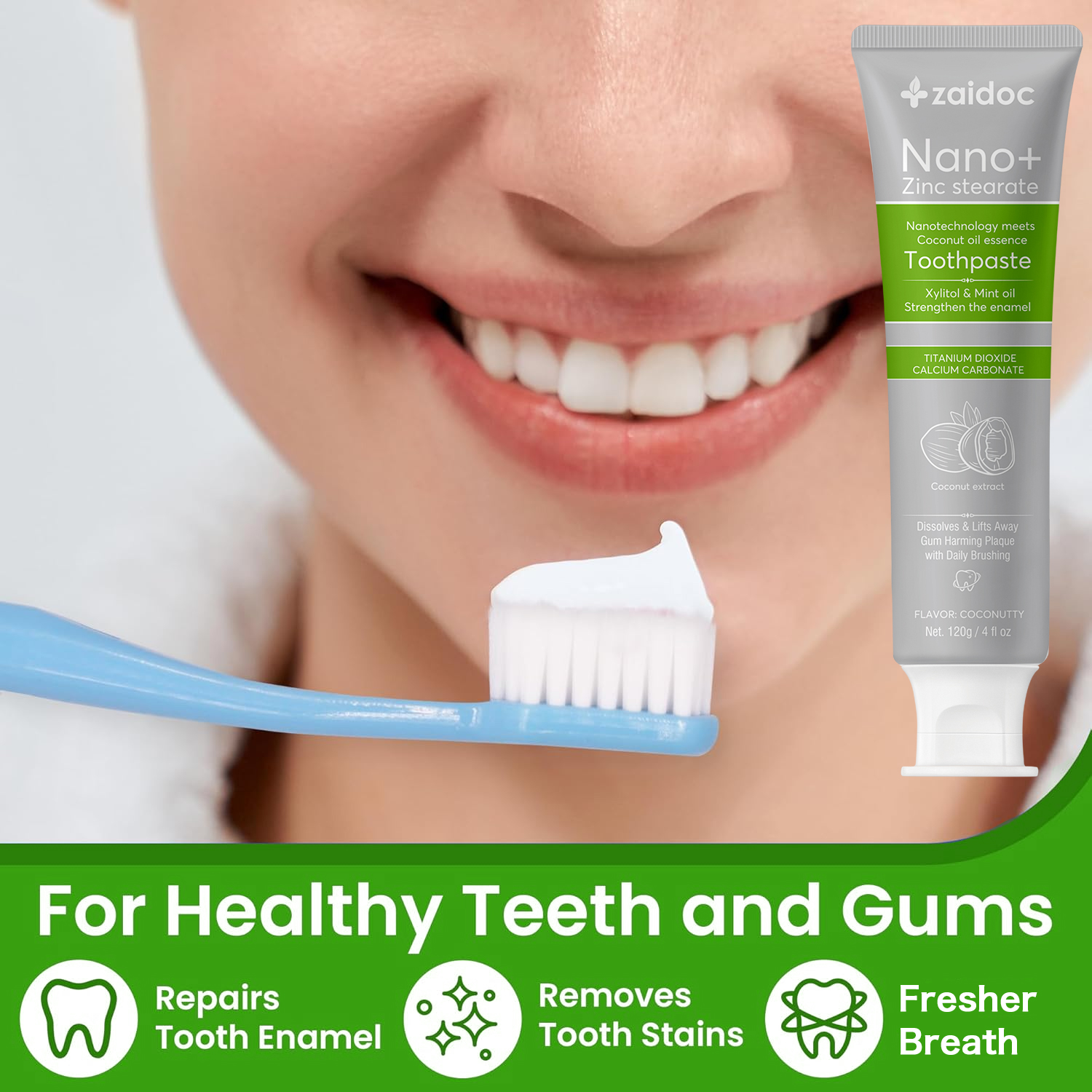 Zaidoc 120g Nano+ Coconut Oil Whitening Toothpaste - Fluoride-Free & Safe for Kids, Natural Stain Remover for Sensitive Gums, Dentist Recommended Oral Care