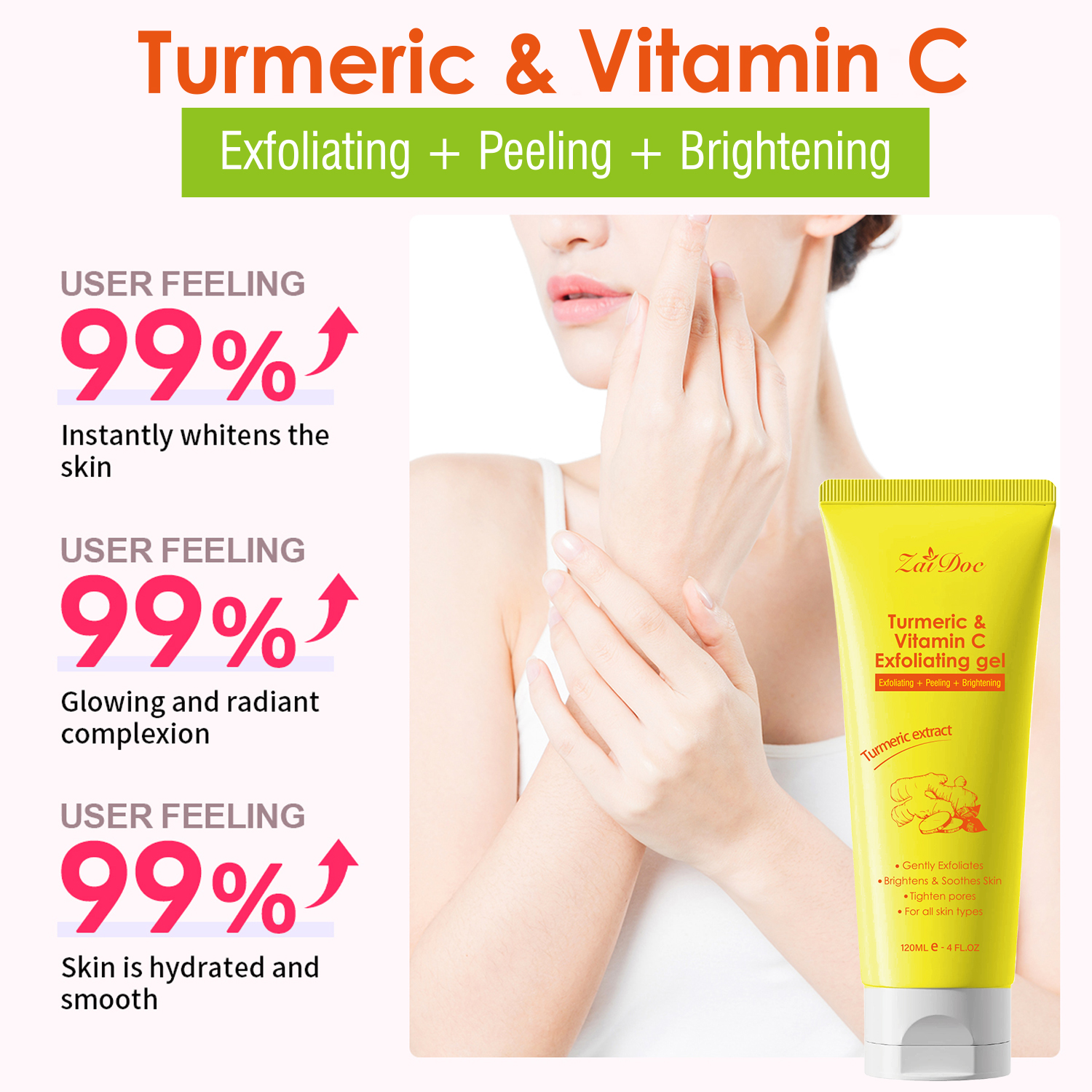 Zaidoc 120ml Turmeric & Vitamin C Exfoliating Gel - Skin Brightening Peeling Gel for Deep Pore Cleaning, Dark Spot Removal & Glowing Skin