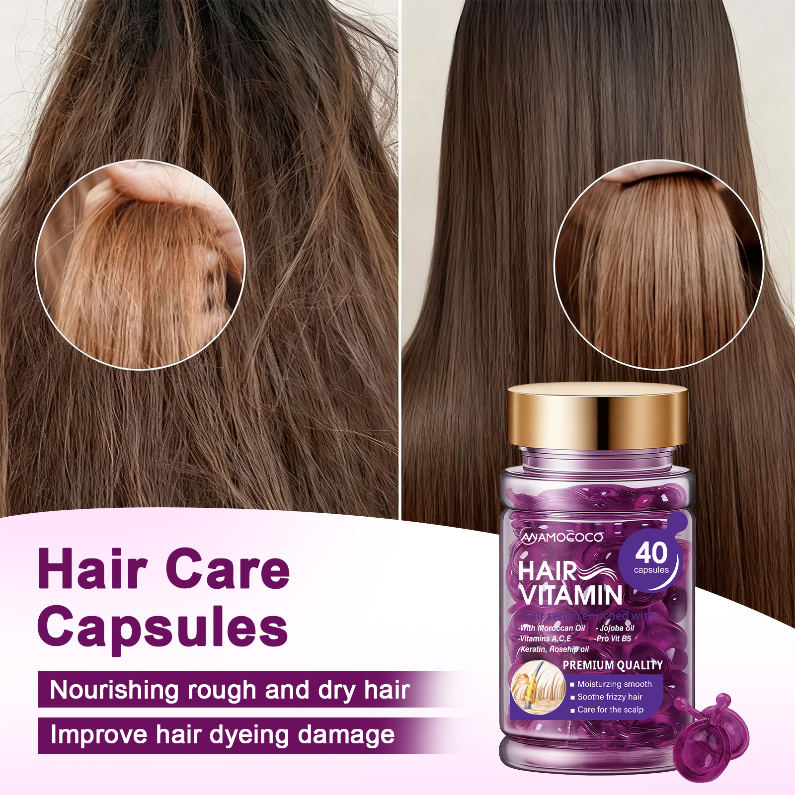 Amococo 40Pcs Hair Vitamin Capsules - Moroccan Argan Oil & Keratin Deep Repair for Dry Damaged Hair, Anti-Breakage & Smoothing Serum with Vitamin A, C, E, B5