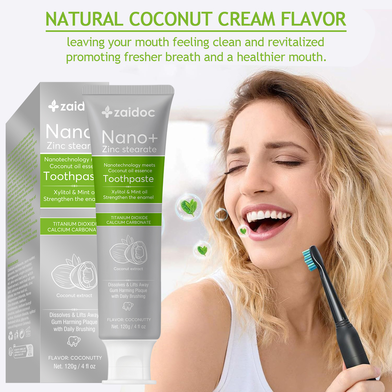 Zaidoc 120g Nano+ Coconut Oil Whitening Toothpaste - Fluoride-Free & Safe for Kids, Natural Stain Remover for Sensitive Gums, Dentist Recommended Oral Care
