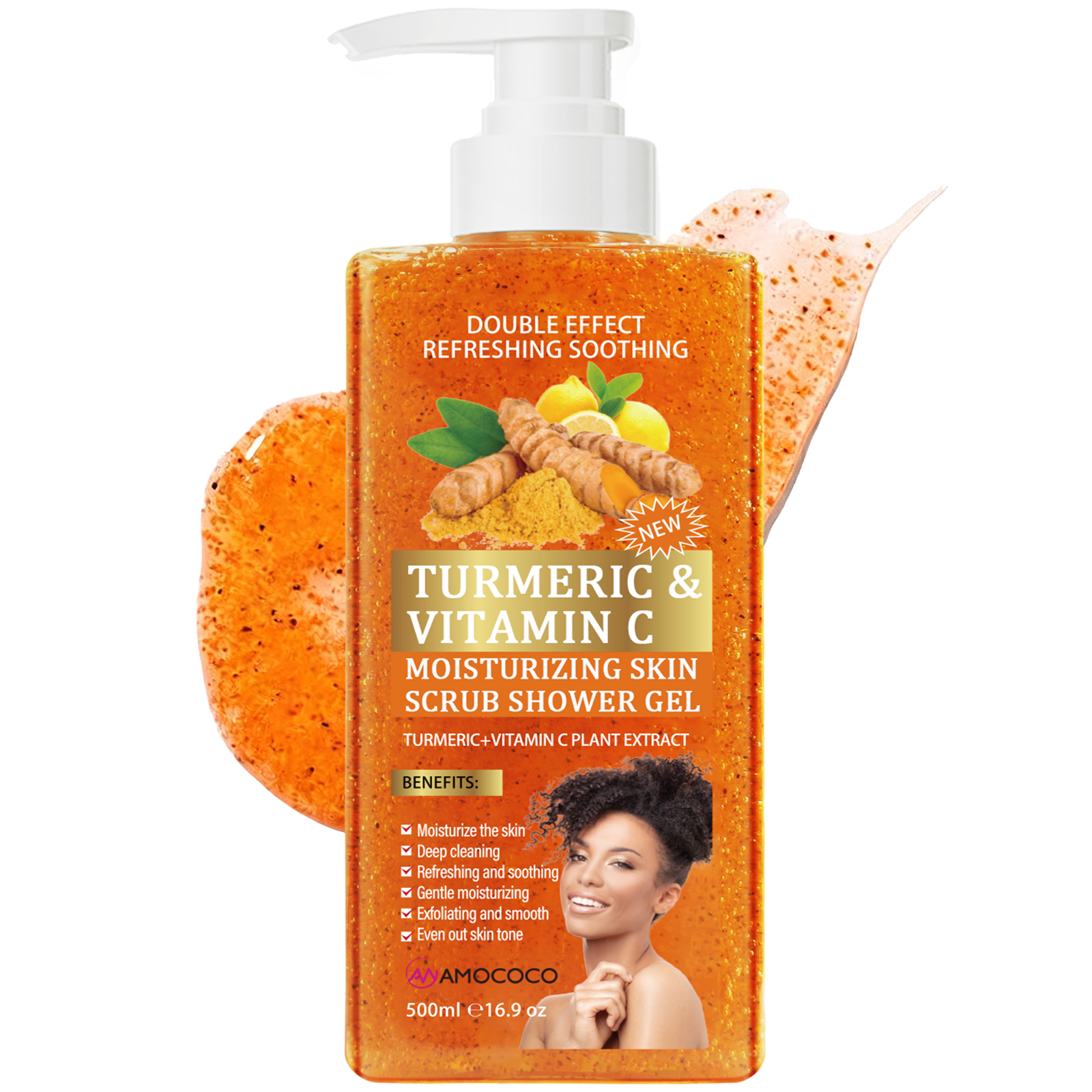 Amococo 500ml Turmeric & Vitamin C Moisturizing Skin Scrub Shower Gel - 2-in-1 Exfoliating & Deep Cleaning Body Wash for Glowing Skin