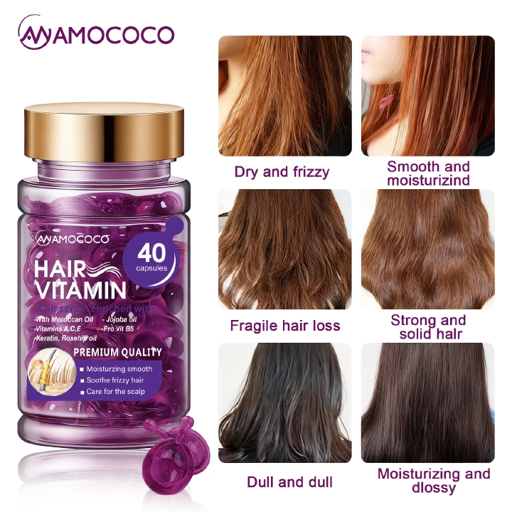 Amococo 40Pcs Hair Vitamin Capsules - Moroccan Argan Oil & Keratin Deep Repair for Dry Damaged Hair, Anti-Breakage & Smoothing Serum with Vitamin A, C, E, B5