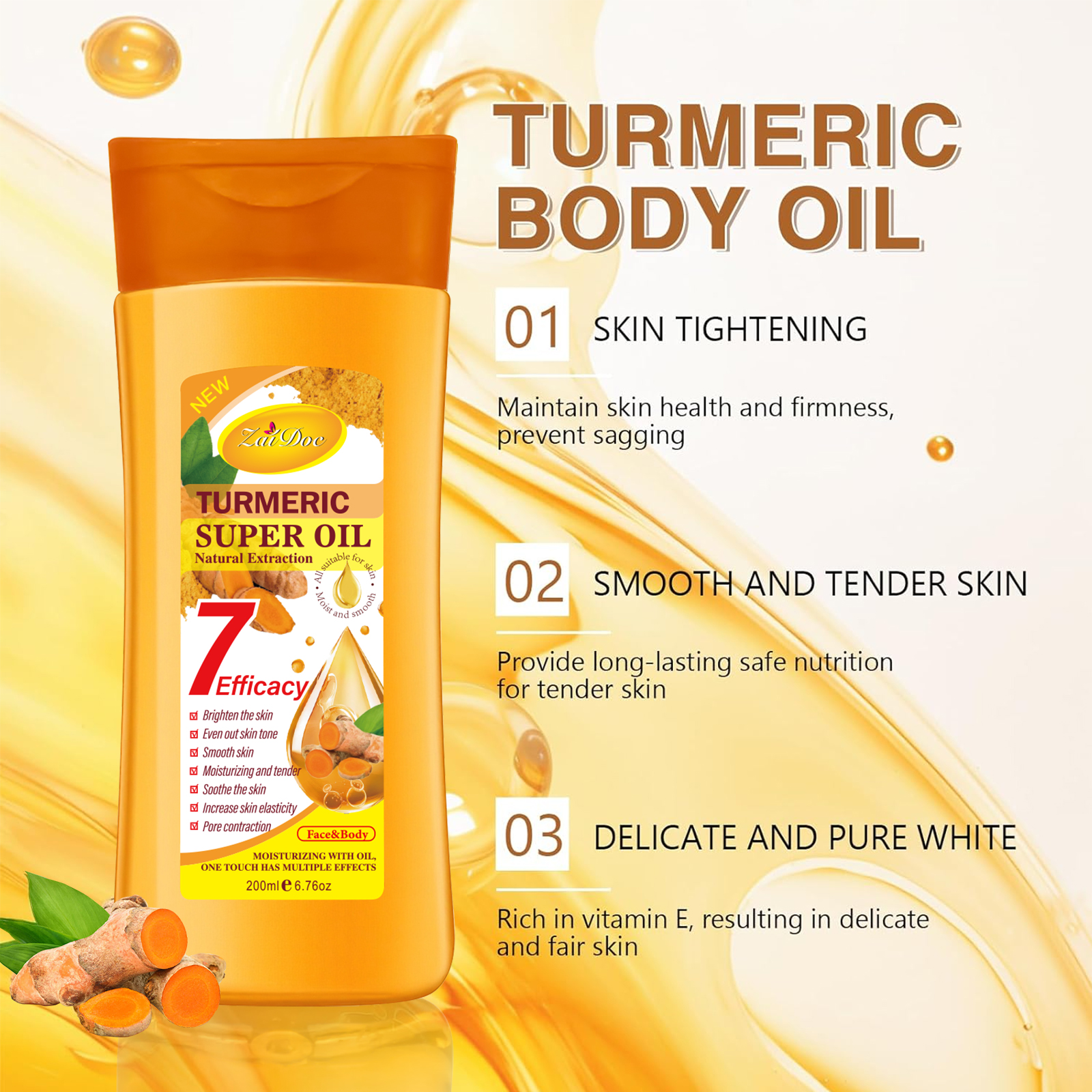 Zaidoc Super Whitening Turmeric Oil 200ml - Natural Extraction Body Glow Oil for Radiant fair skin, Anti-Aging & Skin Tightening Treatment