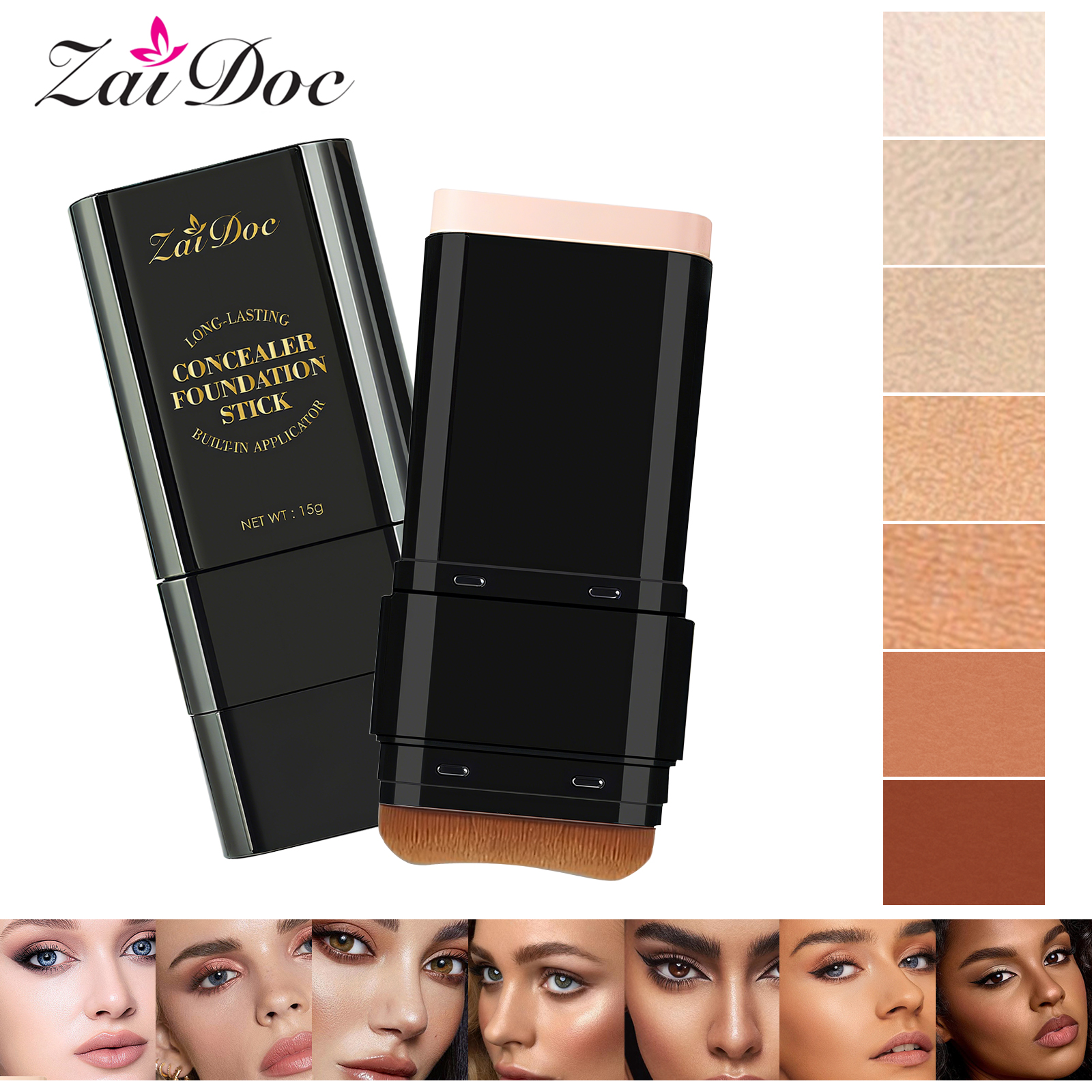 Zaidoc 15g Concealer Foundation Stick with Built-in Brush - Long Lasting Full Coverage for Dark Spots, Blemishes & Under Eye - Available in Shades 05, 06, 07