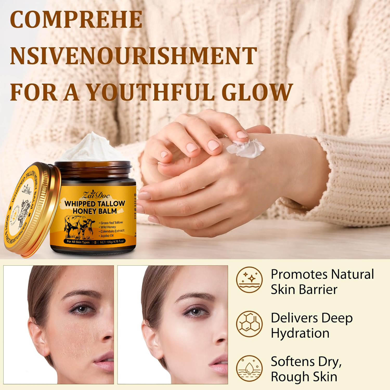 ZaiDoc Natural Whipped Tallow & Honey Balm - 100% Grass-Fed Beef Tallow Moisturizing Cream for Face & Body, Healing Balm for Dry Skin, Eczema & Dark Spots, 24H Deep Glow, 50g & 135g Jumbo