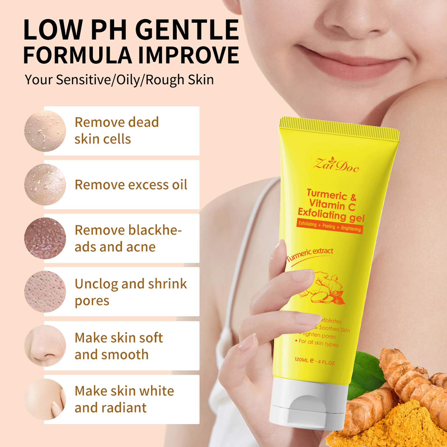 Zaidoc 120ml Turmeric & Vitamin C Exfoliating Gel - Skin Brightening Peeling Gel for Deep Pore Cleaning, Dark Spot Removal & Glowing Skin