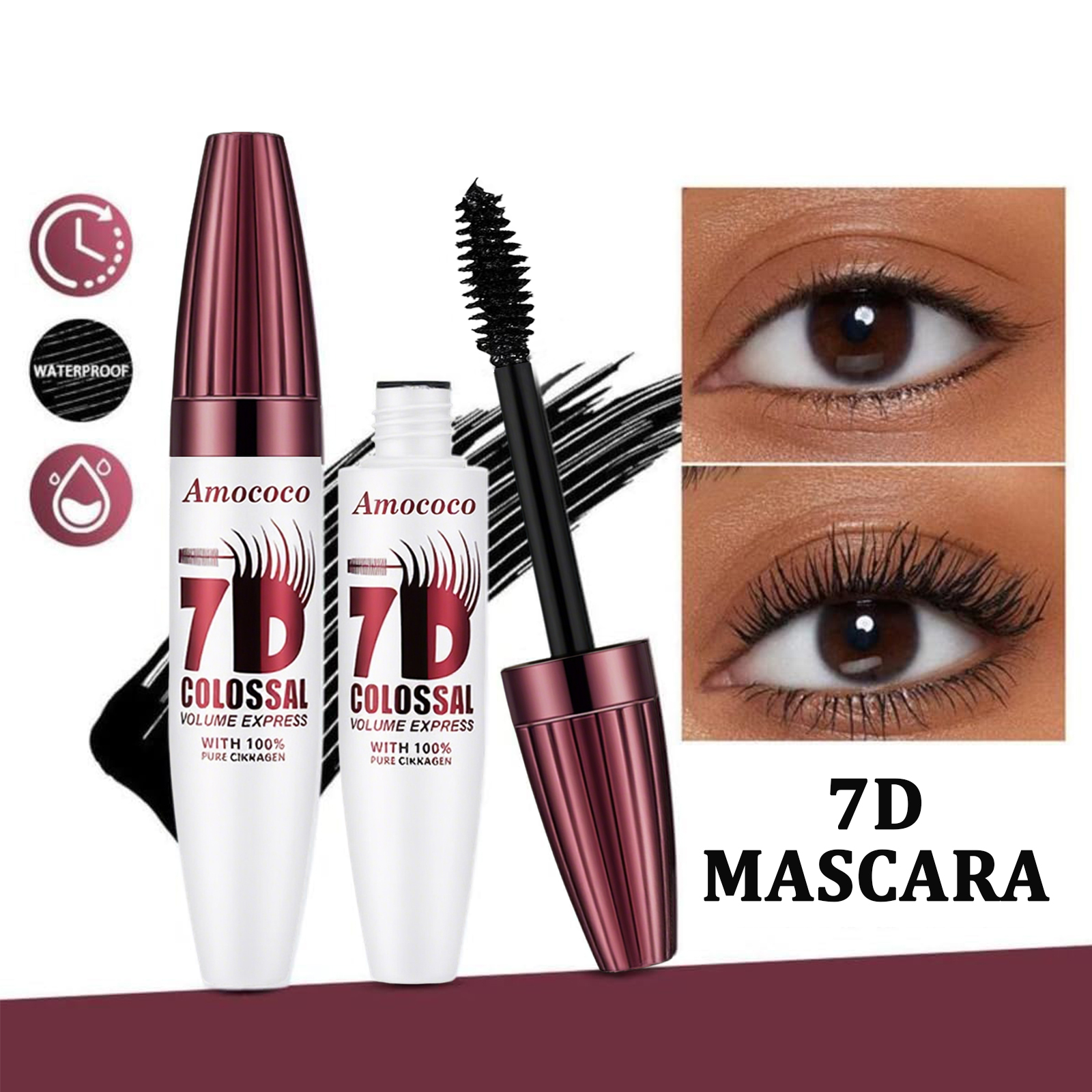 Amococo 7D Colossal Volume Express Mascara - Waterproof & Smudge-Proof Eyelash Extension for Long-Lasting Curl & Thick Lashes