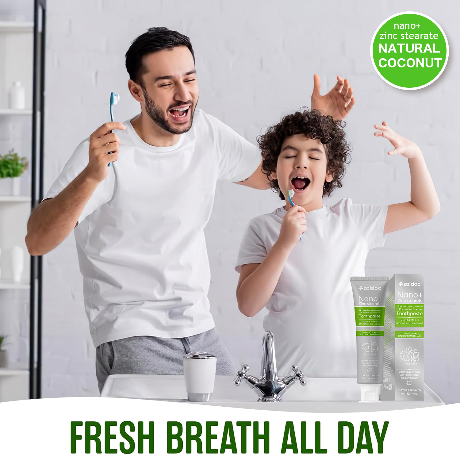 Zaidoc 120g Nano+ Coconut Oil Whitening Toothpaste - Fluoride-Free & Safe for Kids, Natural Stain Remover for Sensitive Gums, Dentist Recommended Oral Care