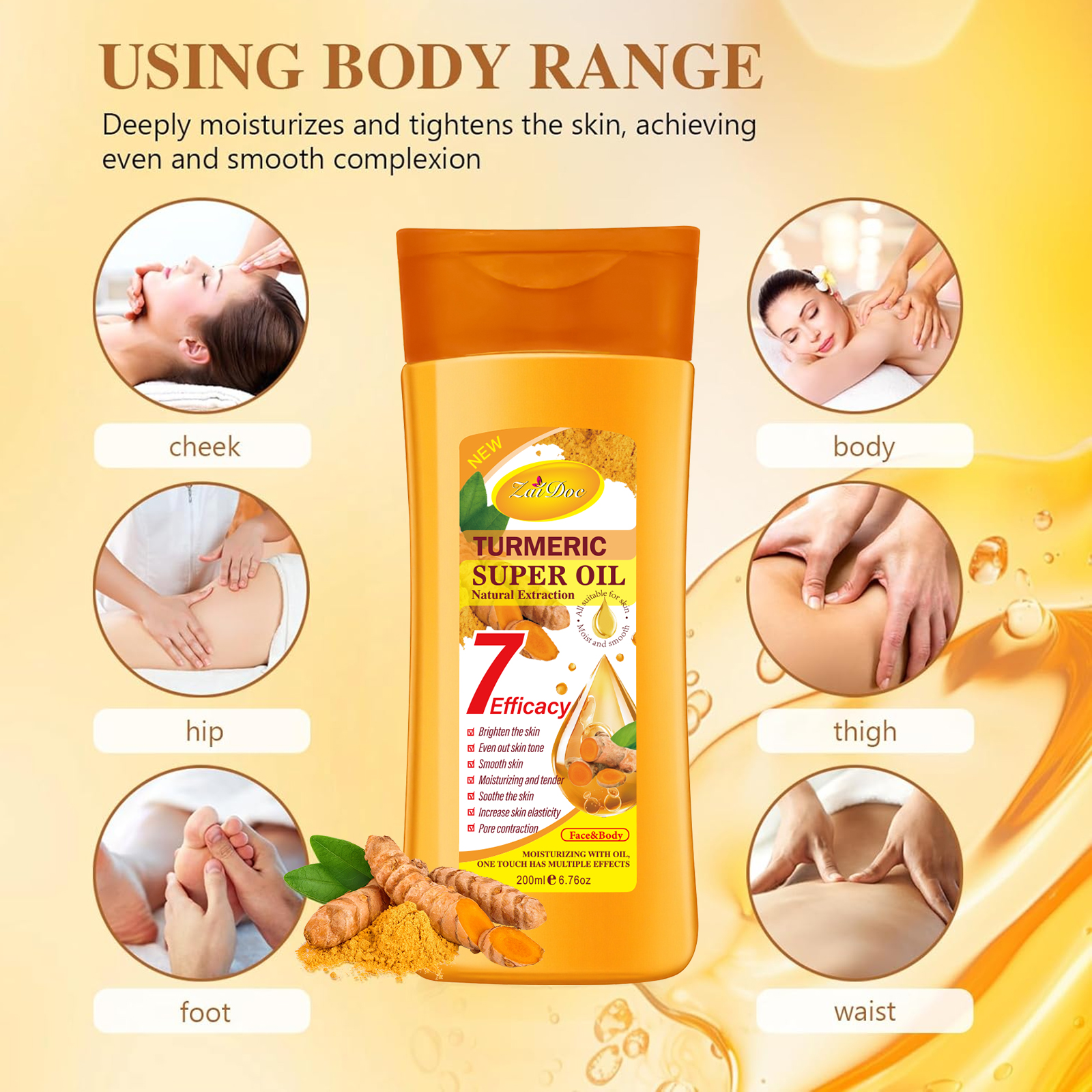 Zaidoc Super Whitening Turmeric Oil 200ml - Natural Extraction Body Glow Oil for Radiant fair skin, Anti-Aging & Skin Tightening Treatment
