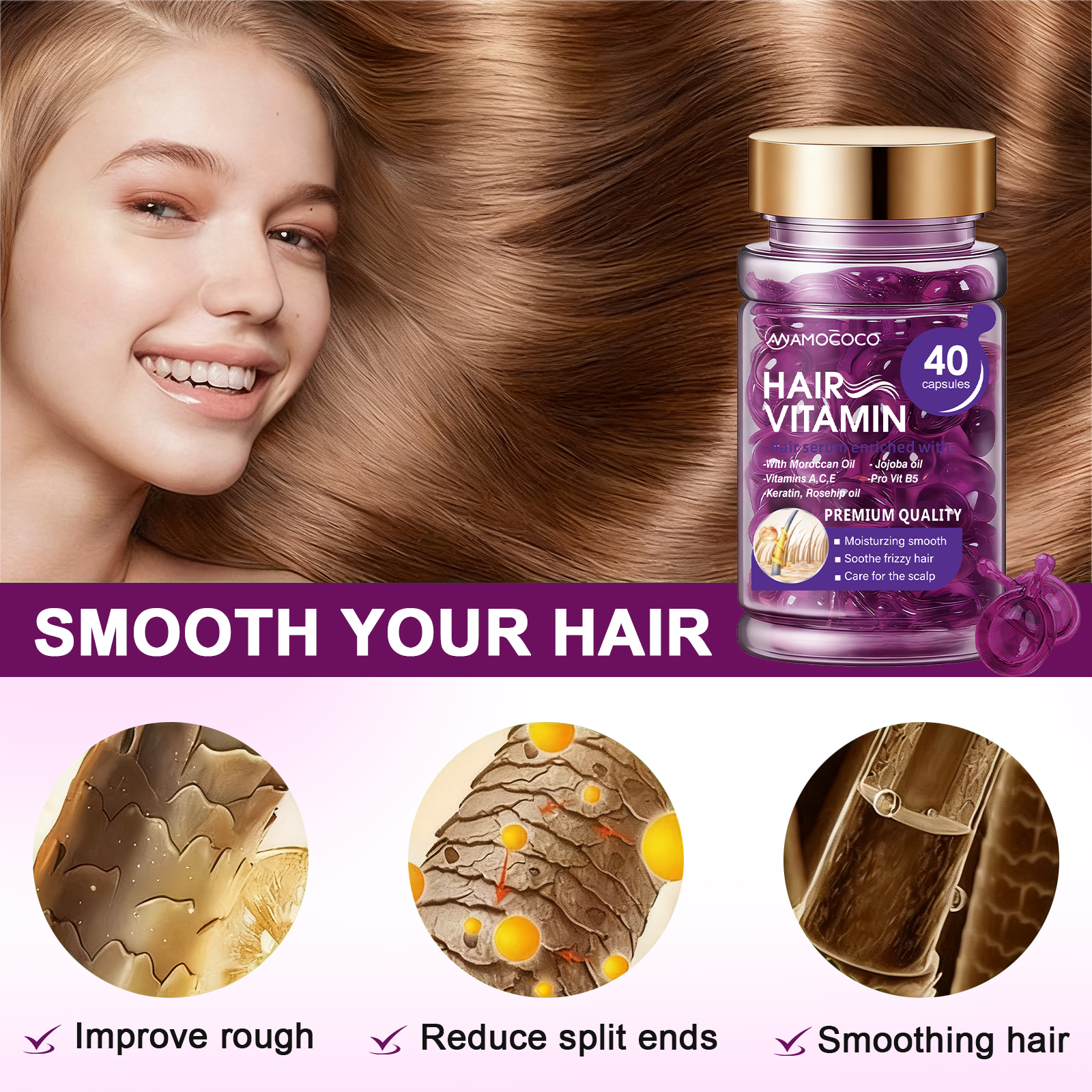 Amococo 40Pcs Hair Vitamin Capsules - Moroccan Argan Oil & Keratin Deep Repair for Dry Damaged Hair, Anti-Breakage & Smoothing Serum with Vitamin A, C, E, B5