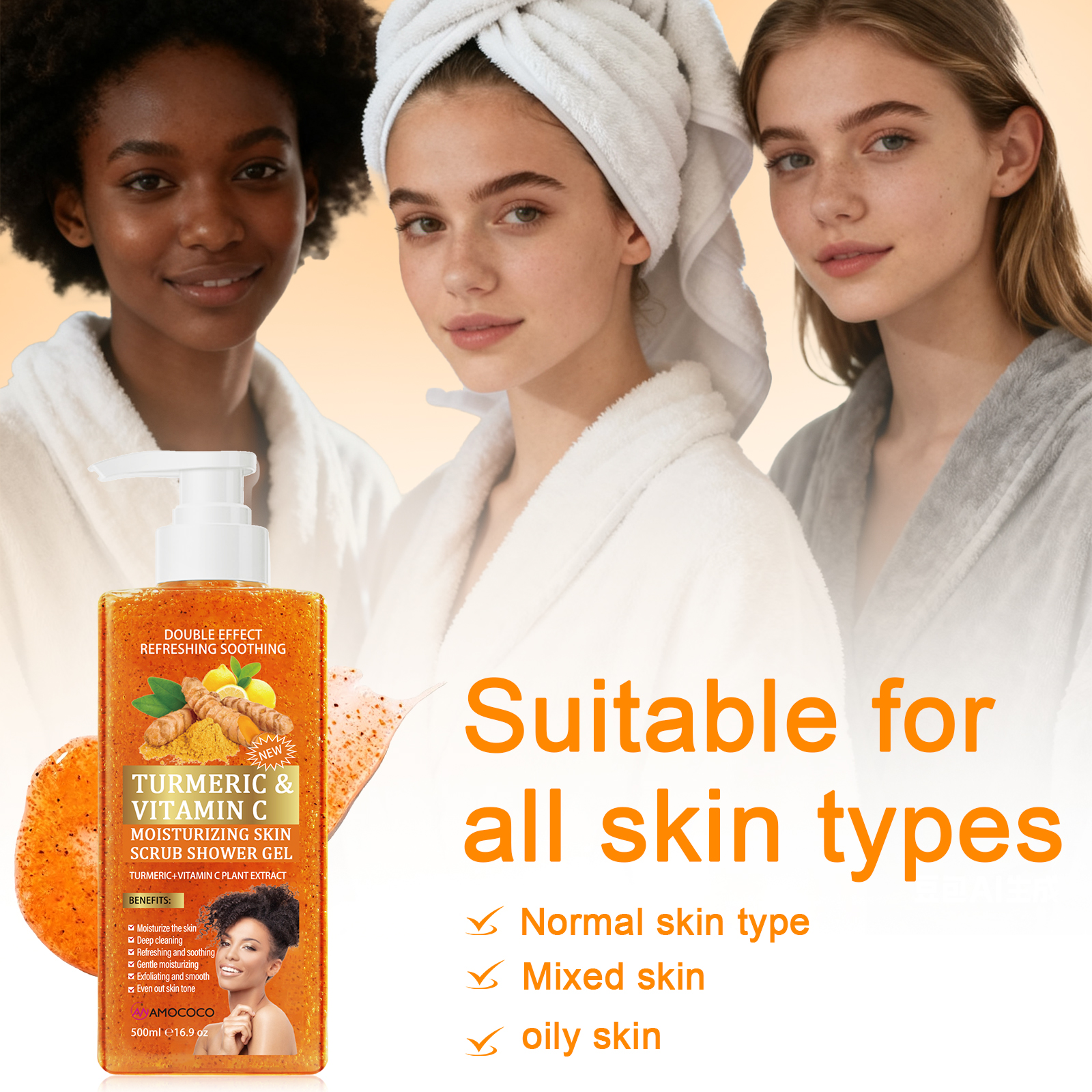 Amococo 500ml Turmeric & Vitamin C Moisturizing Skin Scrub Shower Gel - 2-in-1 Exfoliating & Deep Cleaning Body Wash for Glowing Skin