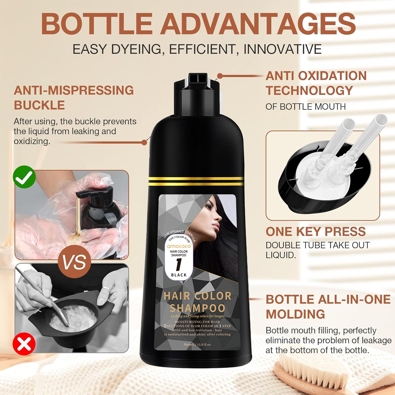 500ml 3 In 1 Quick Organic Hair Color Shampoo - Instant Hair Color for Men & Women, Natural Herbal Formula to Cover Gray Hair - Available in 4 Shades（Black, Coffee, Brown,Wine red）