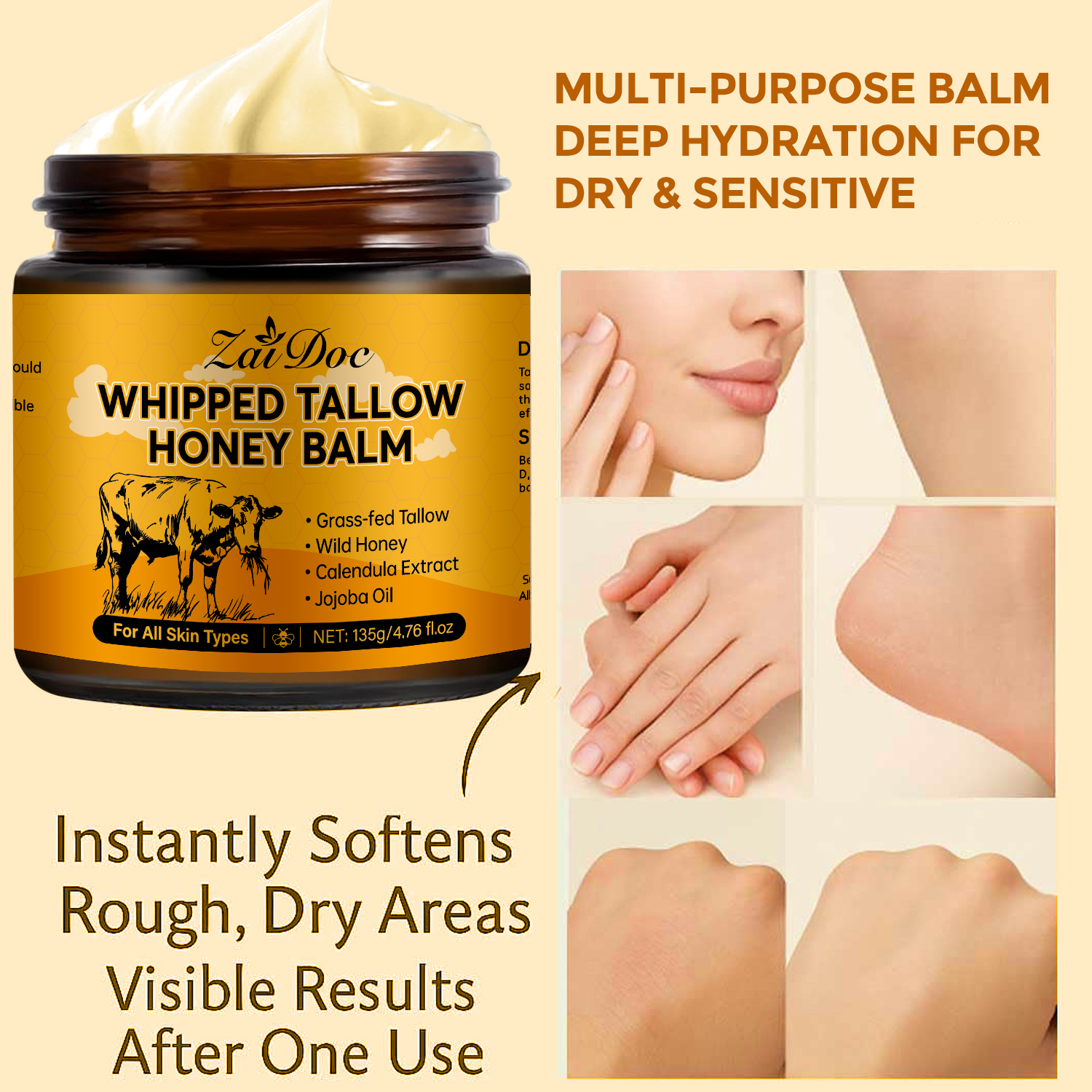 ZaiDoc Natural Whipped Tallow & Honey Balm - 100% Grass-Fed Beef Tallow Moisturizing Cream for Face & Body, Healing Balm for Dry Skin, Eczema & Dark Spots, 24H Deep Glow, 50g & 135g Jumbo