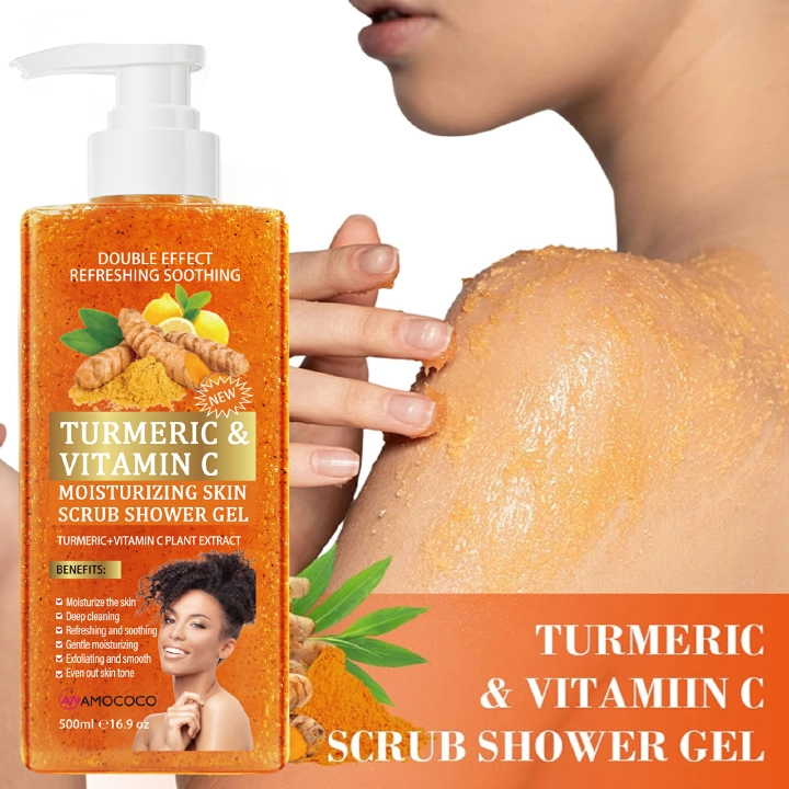 Amococo 500ml Turmeric & Vitamin C Moisturizing Skin Scrub Shower Gel - 2-in-1 Exfoliating & Deep Cleaning Body Wash for Glowing Skin