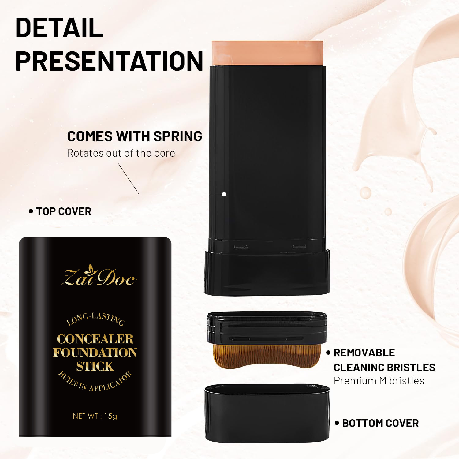 Zaidoc 15g Concealer Foundation Stick with Built-in Brush - Long Lasting Full Coverage for Dark Spots, Blemishes & Under Eye - Available in Shades 05, 06, 07