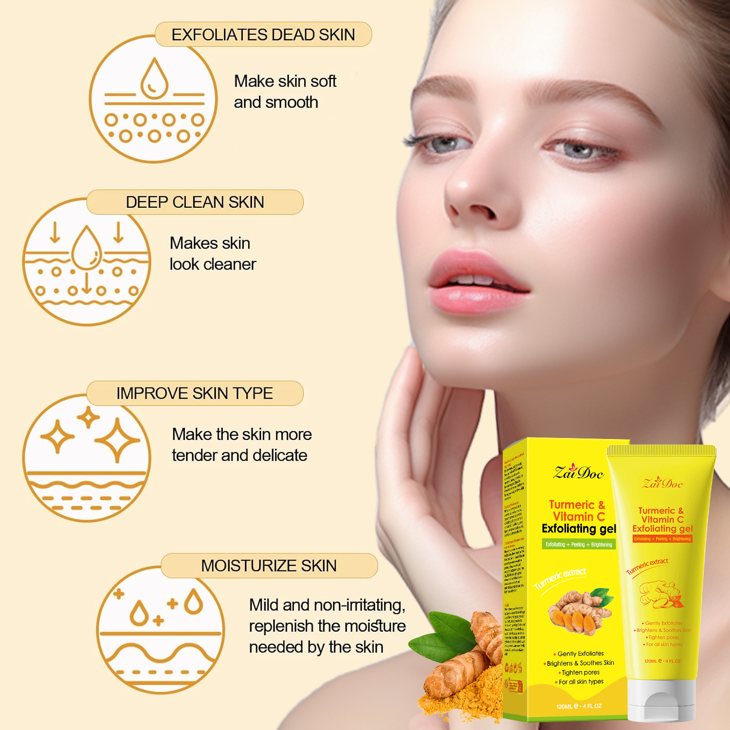 Zaidoc 120ml Turmeric & Vitamin C Exfoliating Gel - Skin Brightening Peeling Gel for Deep Pore Cleaning, Dark Spot Removal & Glowing Skin
