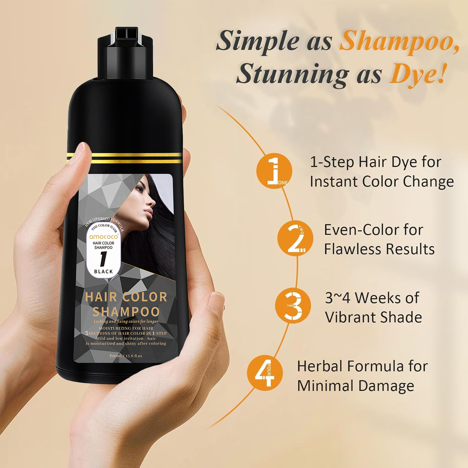 500ml 3 In 1 Quick Organic Hair Color Shampoo - Instant Hair Color for Men & Women, Natural Herbal Formula to Cover Gray Hair - Available in 4 Shades（Black, Coffee, Brown,Wine red）
