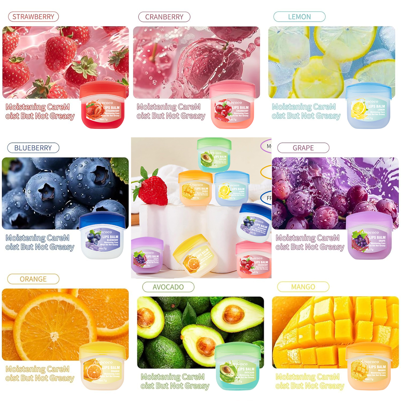 Amococo 8-Pack Lip Balm Family Set - 8 Mixed Fruit Flavors, Natural Moisturizing & Repair for Dry Cracked Lips, Best Value 8 Pcs Gift Kit for Kids & Adults