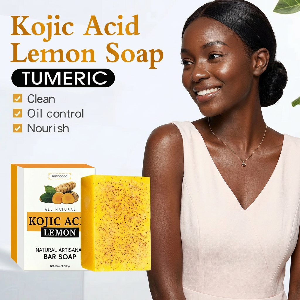 Amococo 100g Turmeric & Kojic Acid Brightening Soap with Foaming Net - Natural Skin Glow, Dark Spot Remover & Deep Cleansing Bar Soap