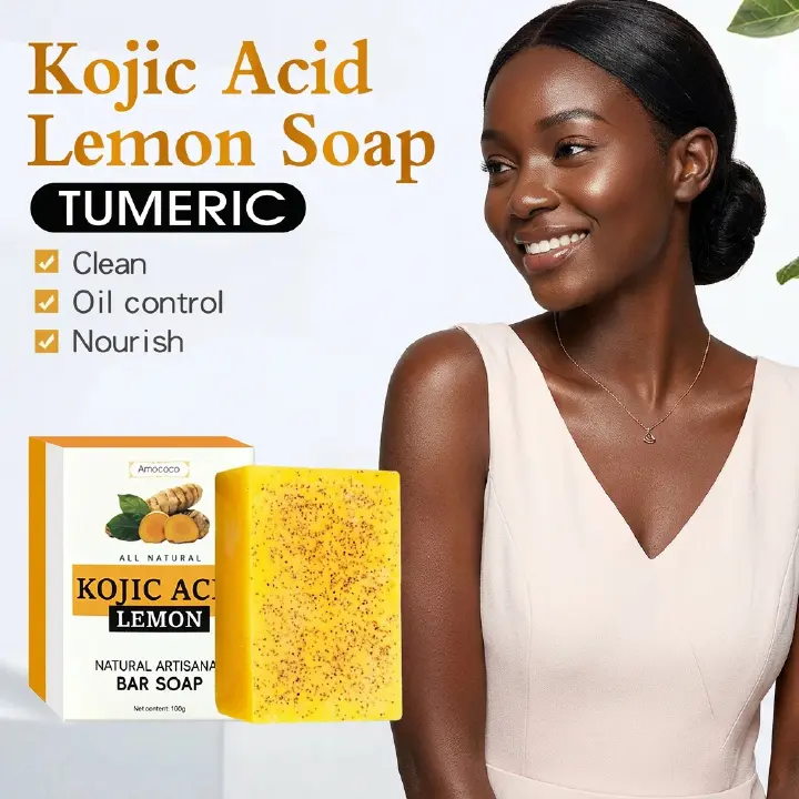 Amococo 100g Turmeric & Kojic Acid Brightening Soap with Foaming Net - Natural Skin Glow, Dark Spot Remover & Deep Cleansing Bar Soap