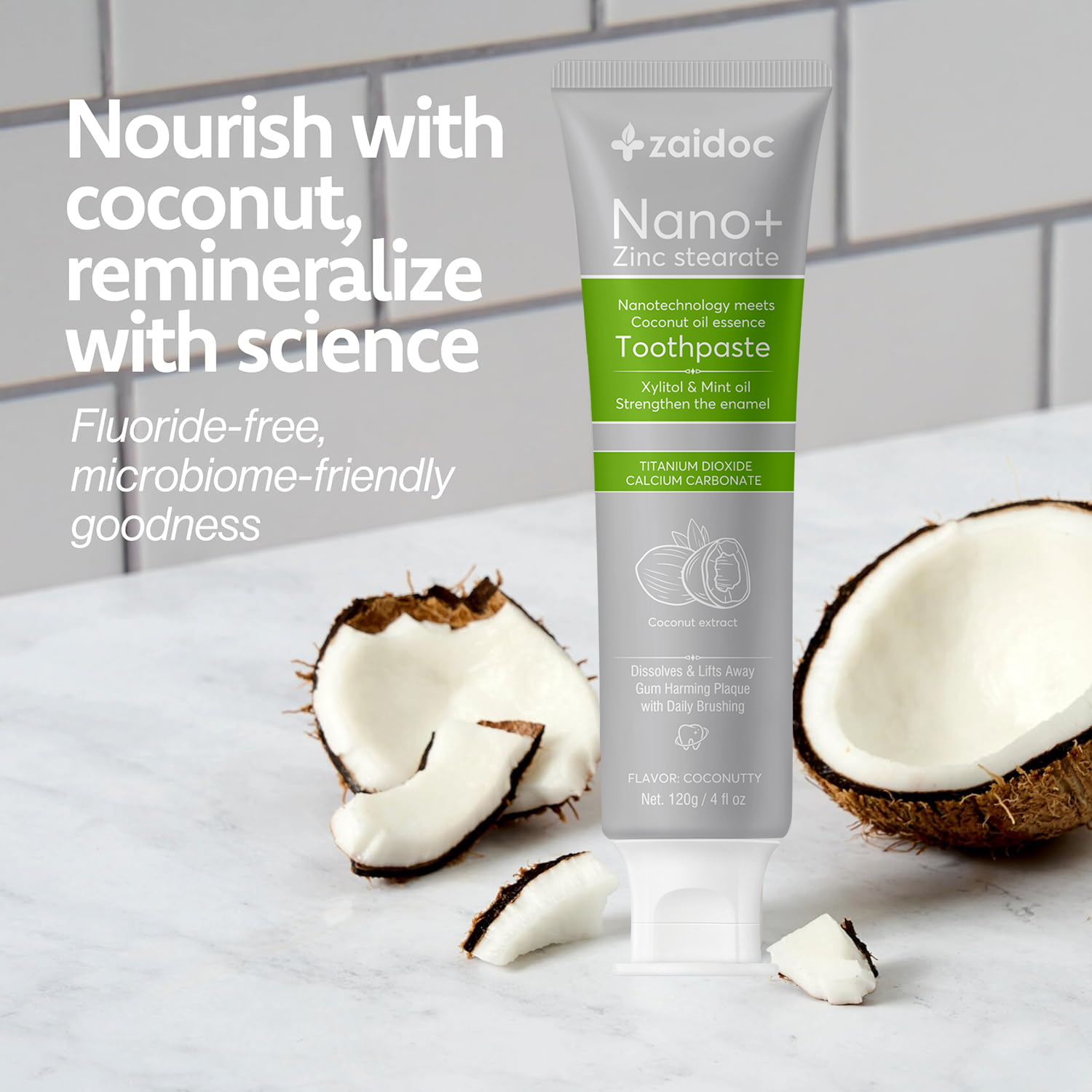 Zaidoc 120g Nano+ Coconut Oil Whitening Toothpaste - Fluoride-Free & Safe for Kids, Natural Stain Remover for Sensitive Gums, Dentist Recommended Oral Care