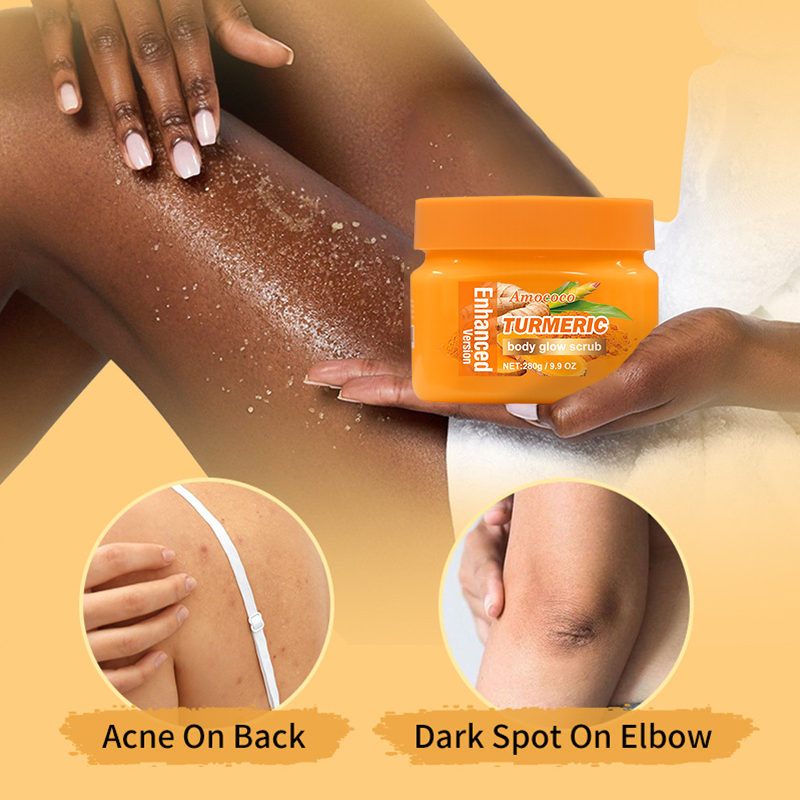 Amococo 280g Turmeric Body Glow Scrub - Deep Exfoliating & Brightening Salt Scrub for Dark Spots, Acne & Smooth Skin, Natural Skin Whitening Treatment