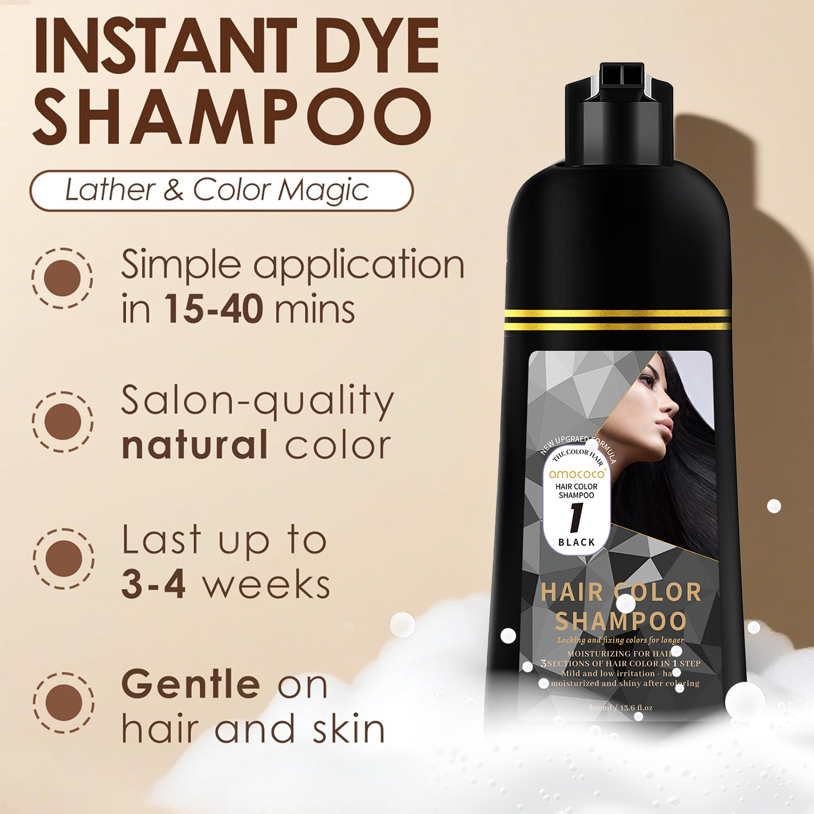 500ml 3 In 1 Quick Organic Hair Color Shampoo - Instant Hair Color for Men & Women, Natural Herbal Formula to Cover Gray Hair - Available in 4 Shades（Black, Coffee, Brown,Wine red）