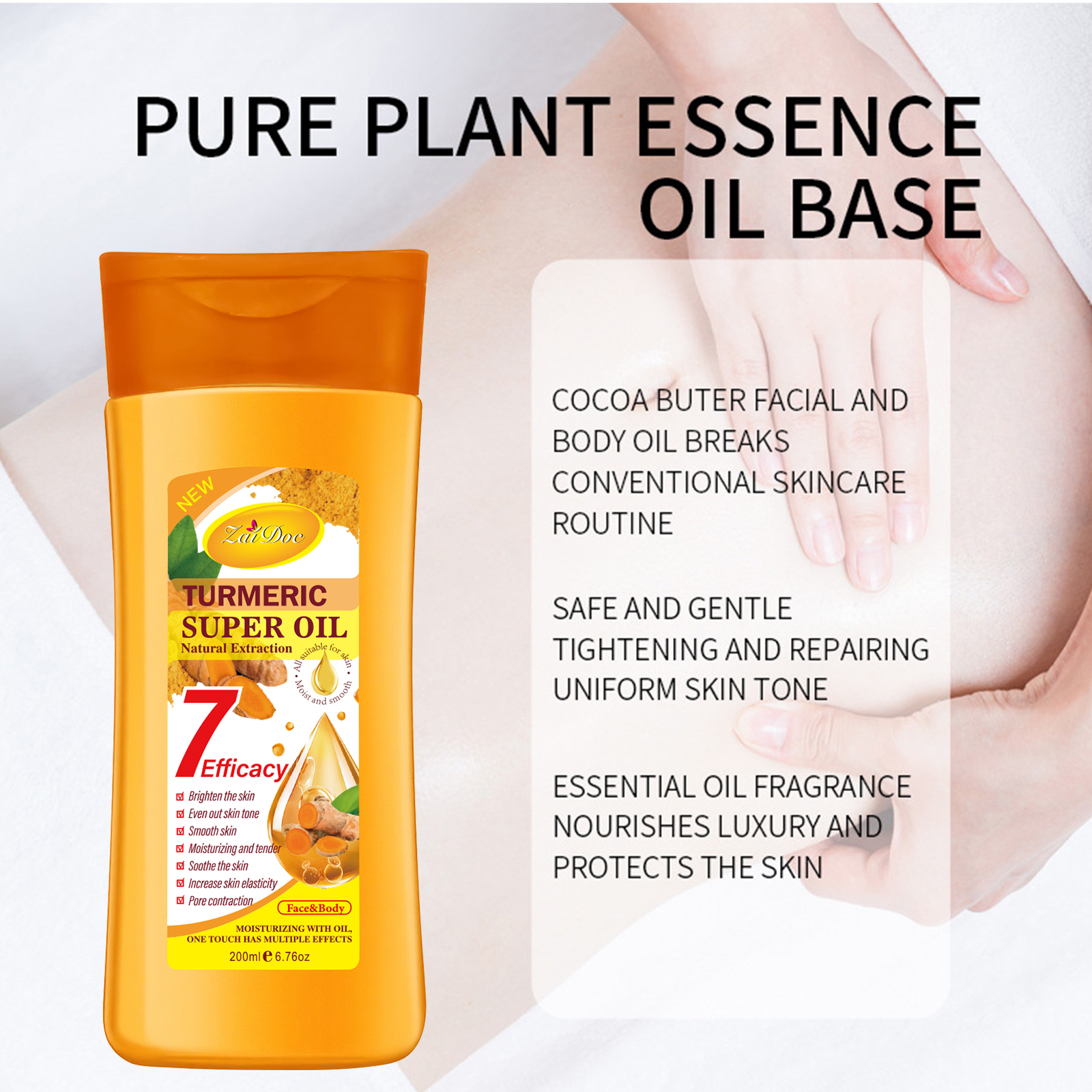Zaidoc Super Whitening Turmeric Oil 200ml - Natural Extraction Body Glow Oil for Radiant fair skin, Anti-Aging & Skin Tightening Treatment