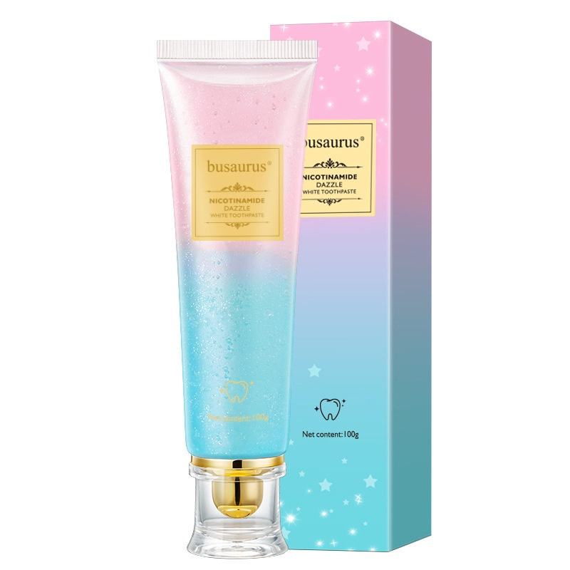 Busaurus Nicotinamide Dazzle Whitening Toothpaste 100g - Blue & Pink Starry Texture, Professional Teeth Brightening, Fresh Mint Breath, Remove Stains & Oral Odor