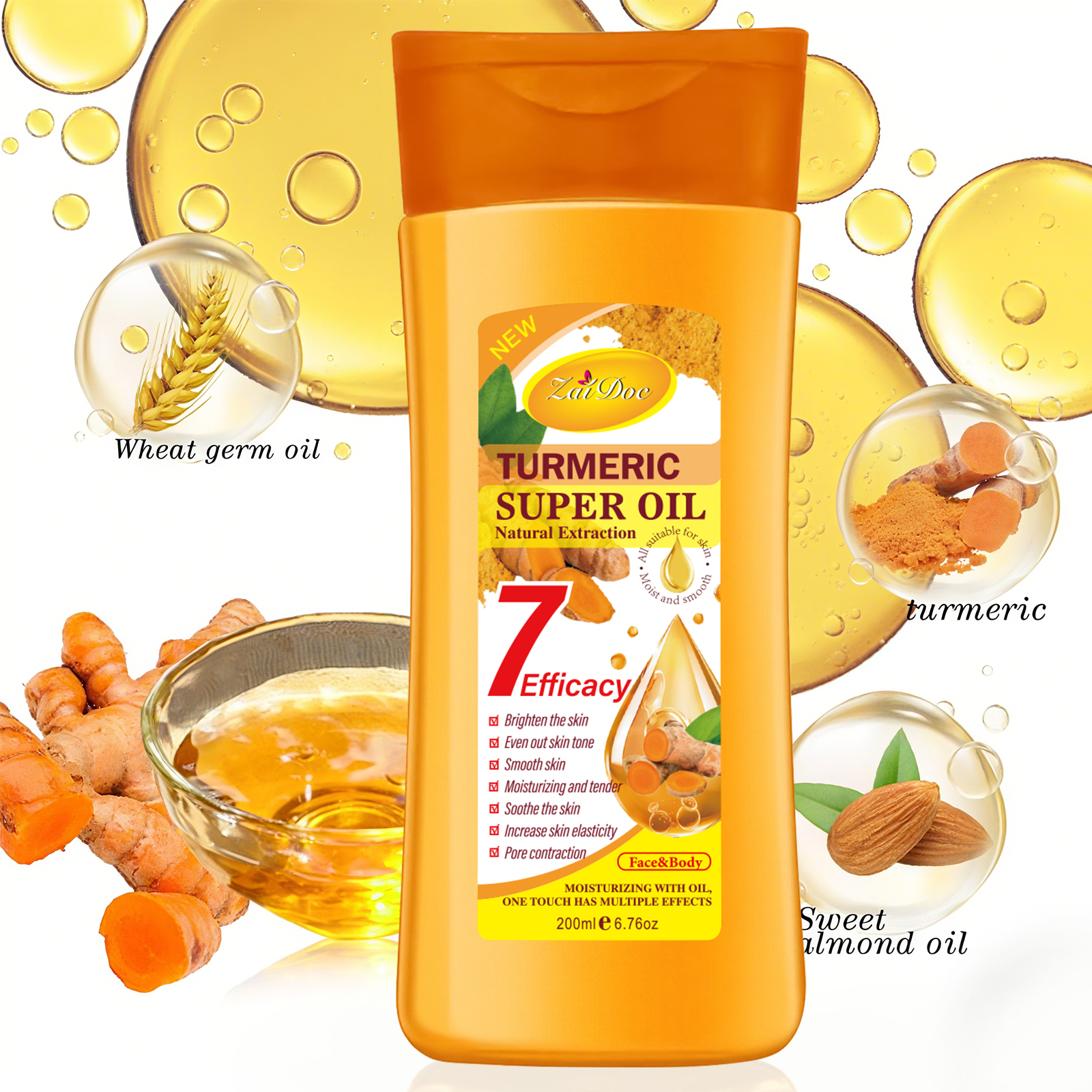 Zaidoc Super Whitening Turmeric Oil 200ml - Natural Extraction Body Glow Oil for Radiant fair skin, Anti-Aging & Skin Tightening Treatment