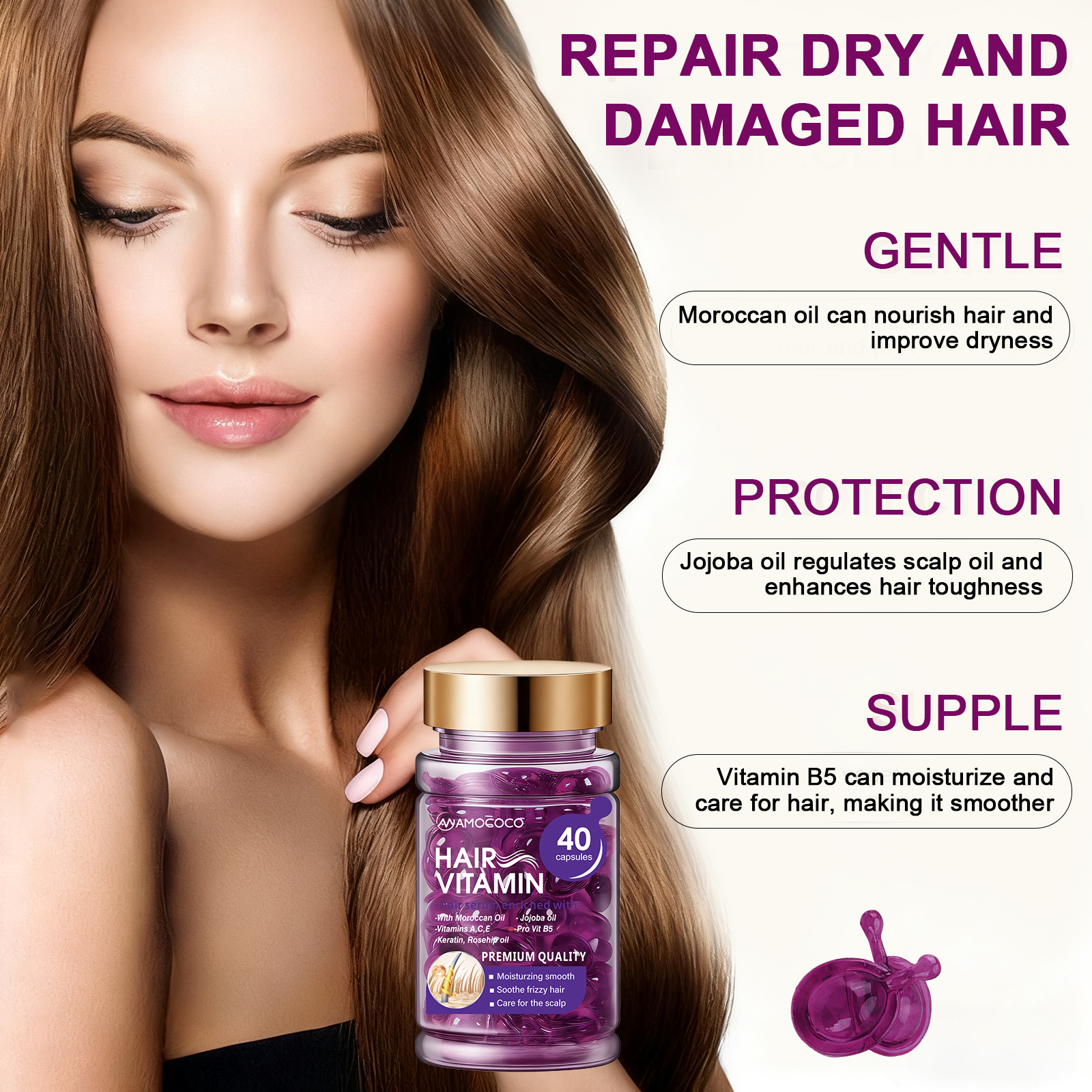 Amococo 40Pcs Hair Vitamin Capsules - Moroccan Argan Oil & Keratin Deep Repair for Dry Damaged Hair, Anti-Breakage & Smoothing Serum with Vitamin A, C, E, B5